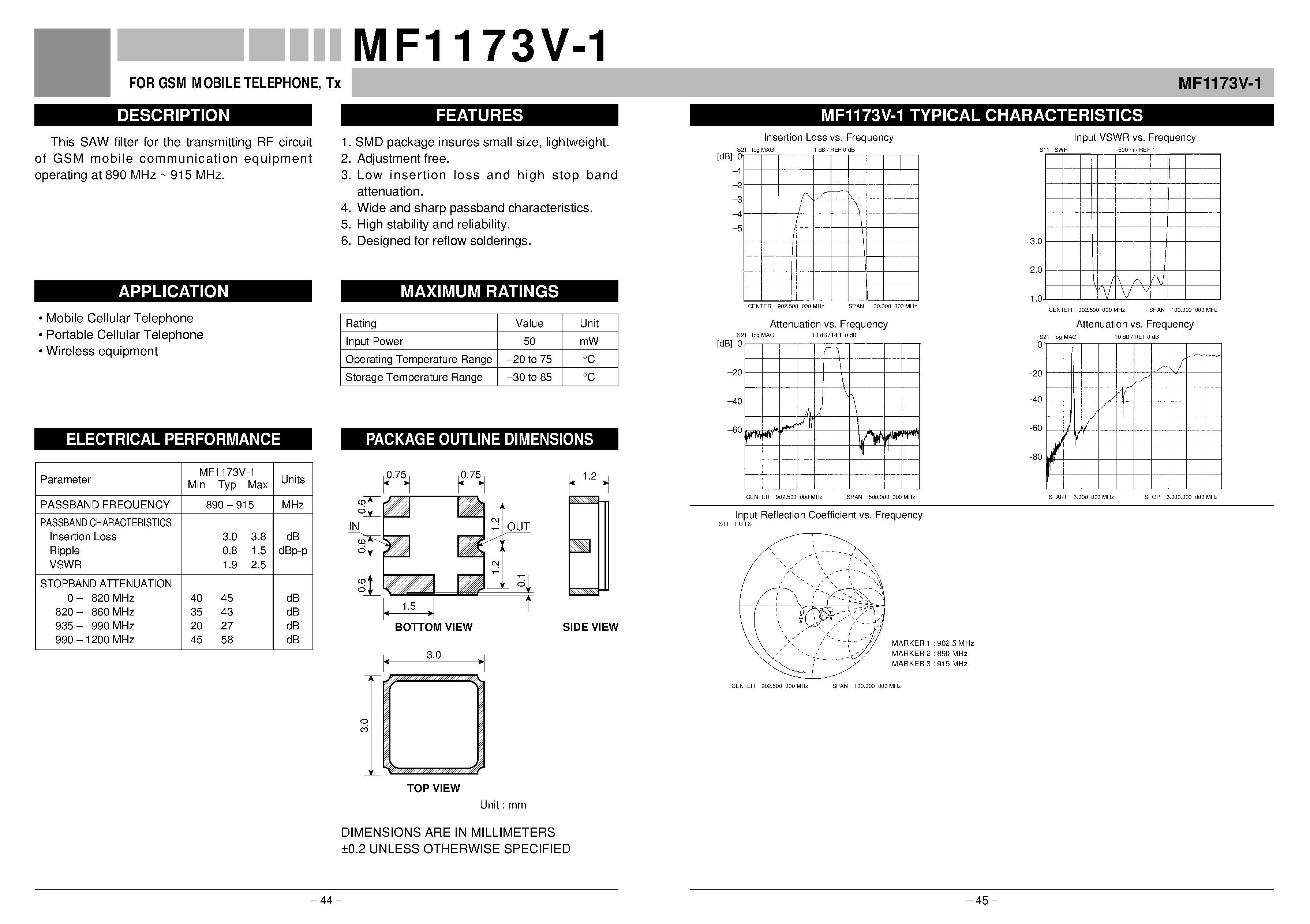Даташит MF1173V-1 - FOR GSM MOBILE TELEPHONE / Tx страница 1