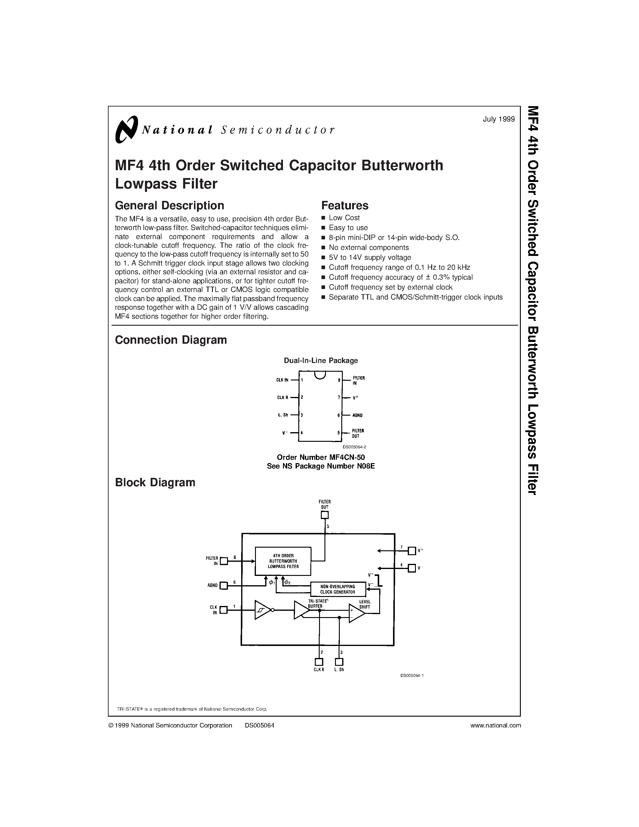 Datasheet MF4 - MF4 4th Order Switched Capacitor Butterworth Lowpass Filter page 1