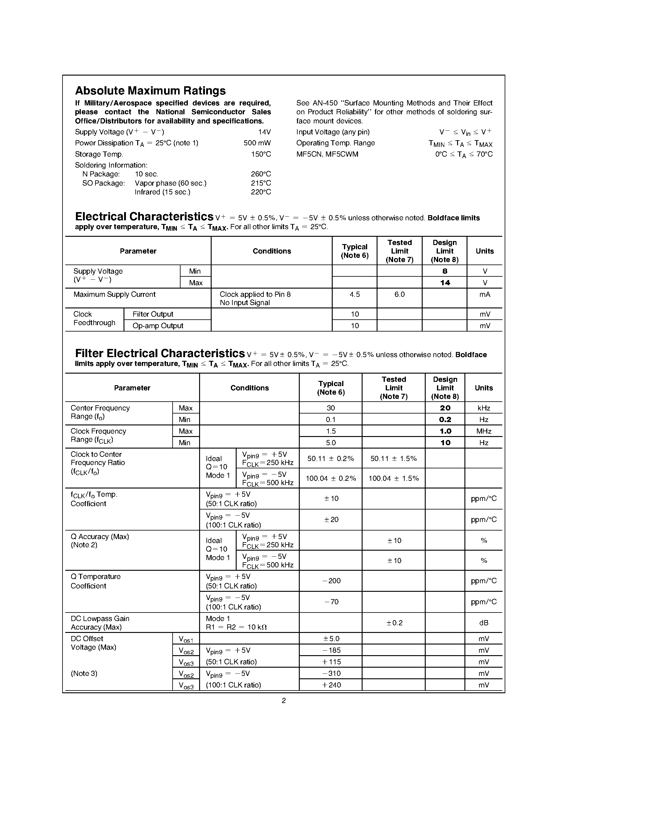 Datasheet MF5CN - MF5 Universal Monolithic Switched Capacitor Filter page 2