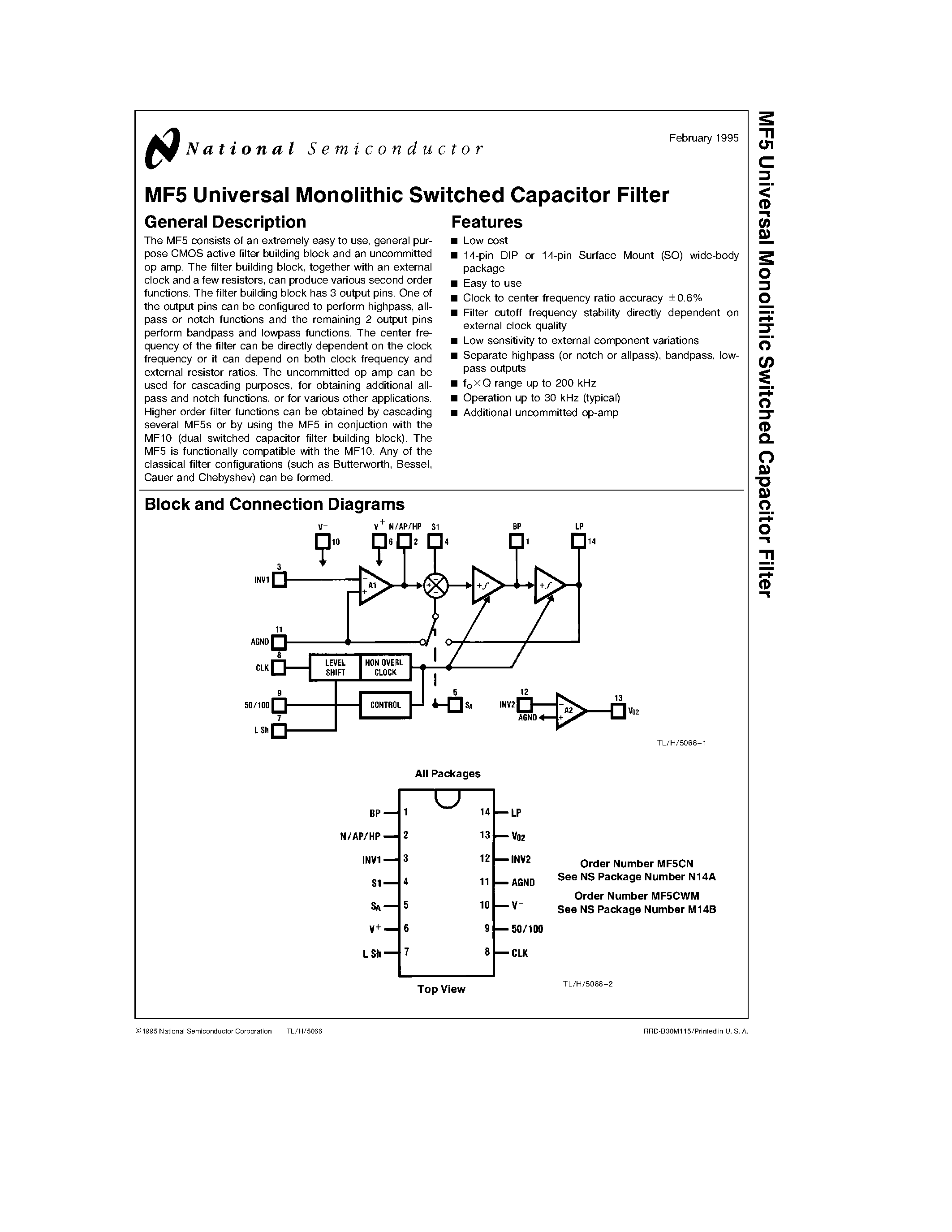 Datasheet MF5CWM page 1 Datasheet MF5CWM - MF5 Universal Monolithic Switched Capacitor Filter page 1