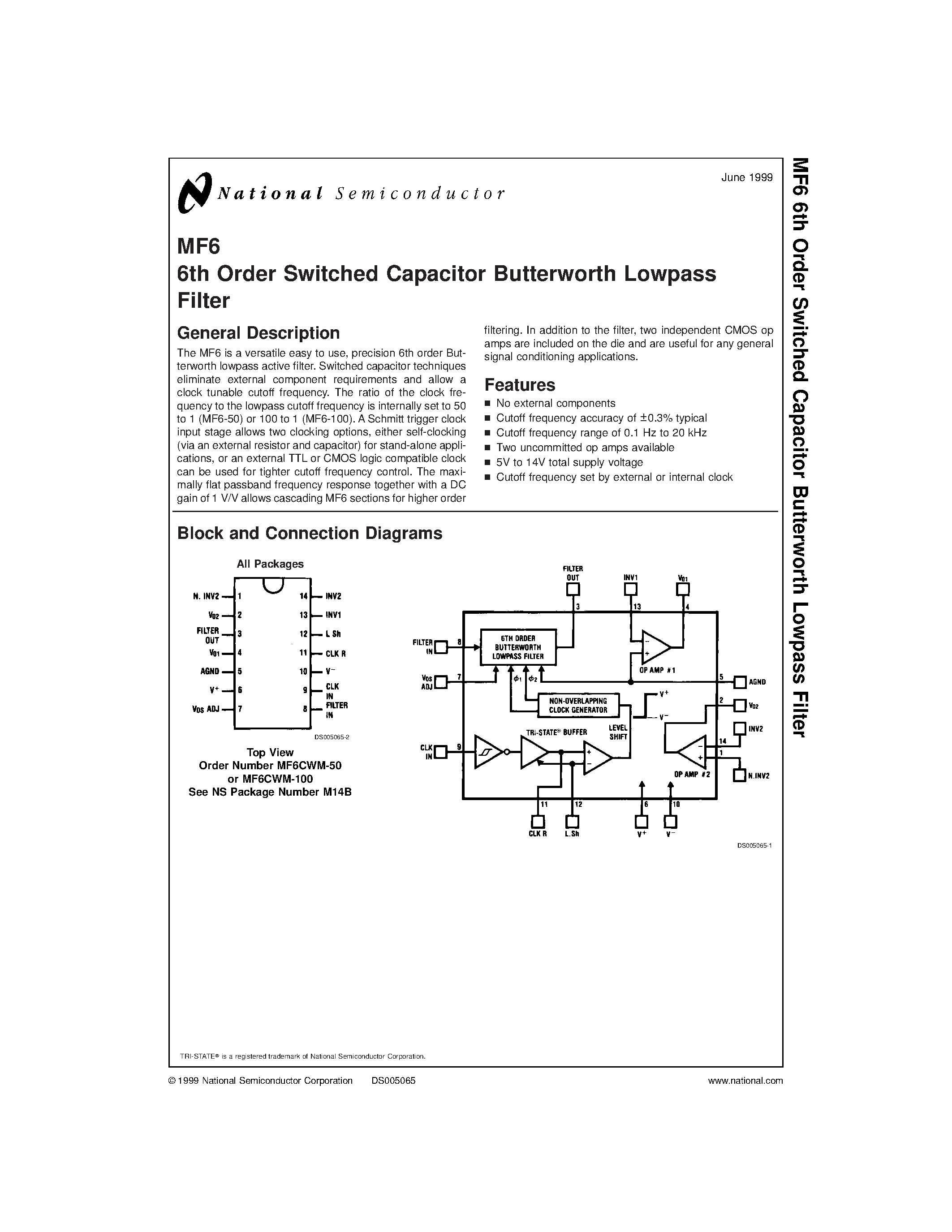 Datasheet MF6 - 6th Order Switched Capacitor Butterworth Lowpass page 1