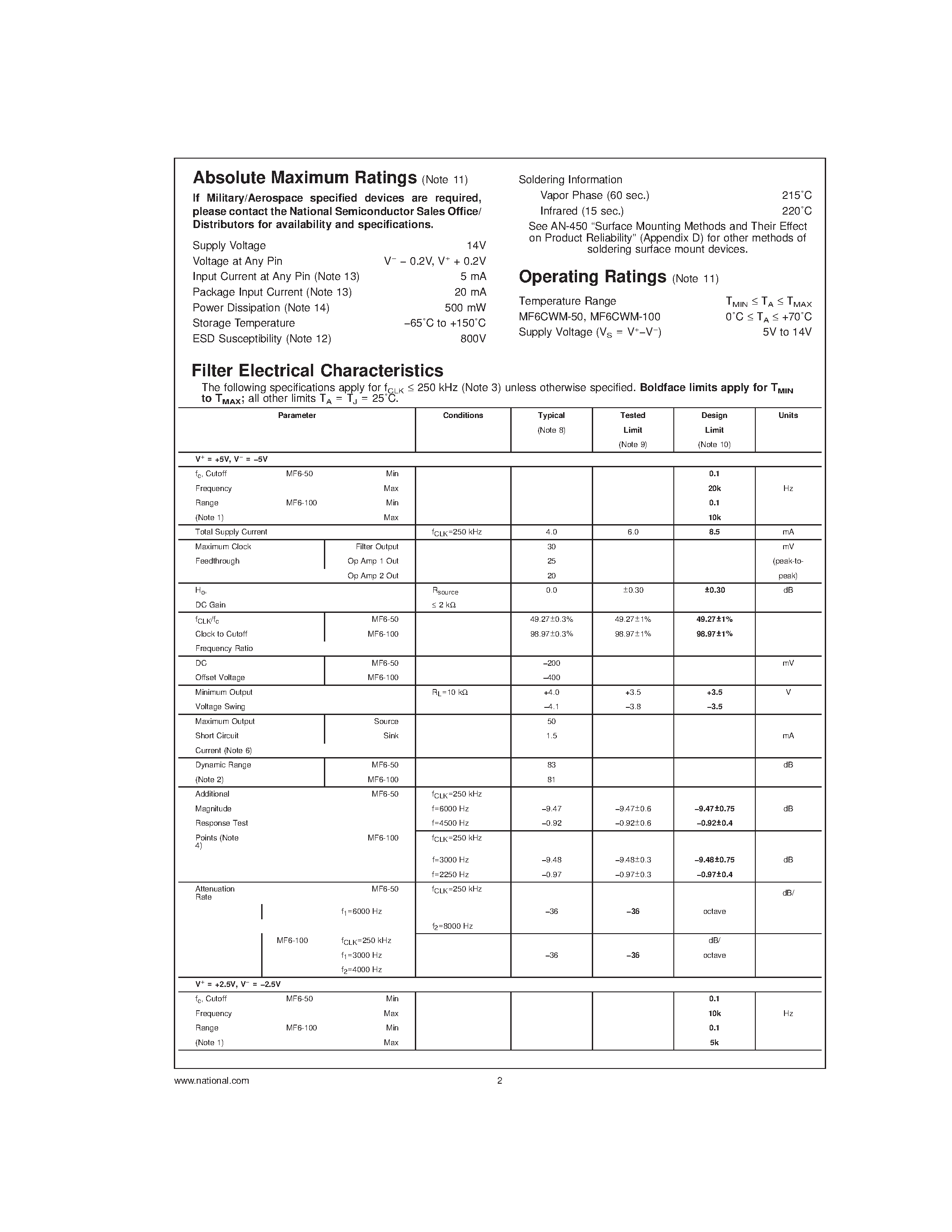 Datasheet MF6 - 6th Order Switched Capacitor Butterworth Lowpass page 2
