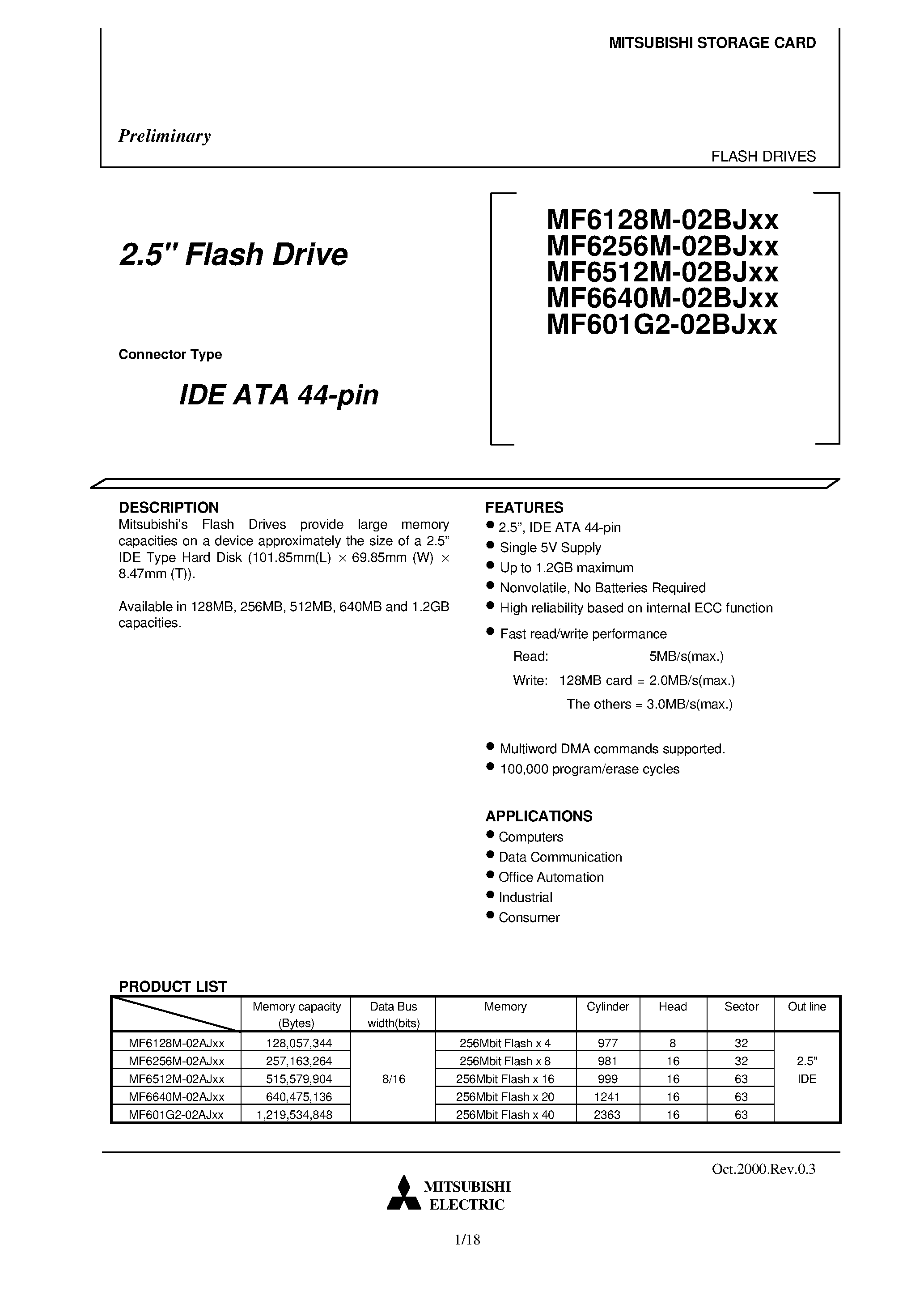 Datasheet MF6512M-02BJxx - 2.5 Flash Drive page 1
