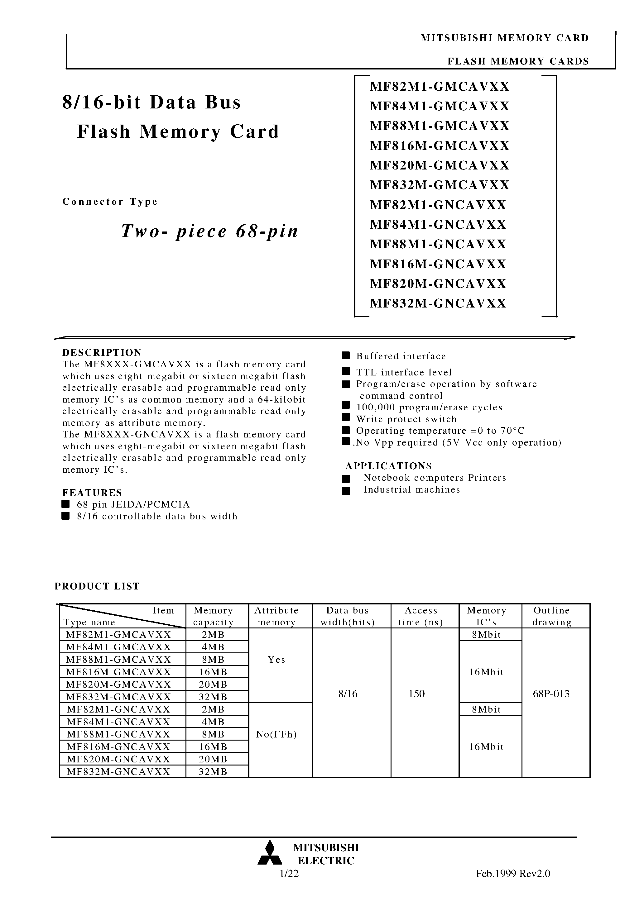 Даташит на микросхему MF820M-GMCAVXX страница 1 Даташит MF820M-GMCAVXX - 8/16-bit Data Bus Flash Memory Card страница 1