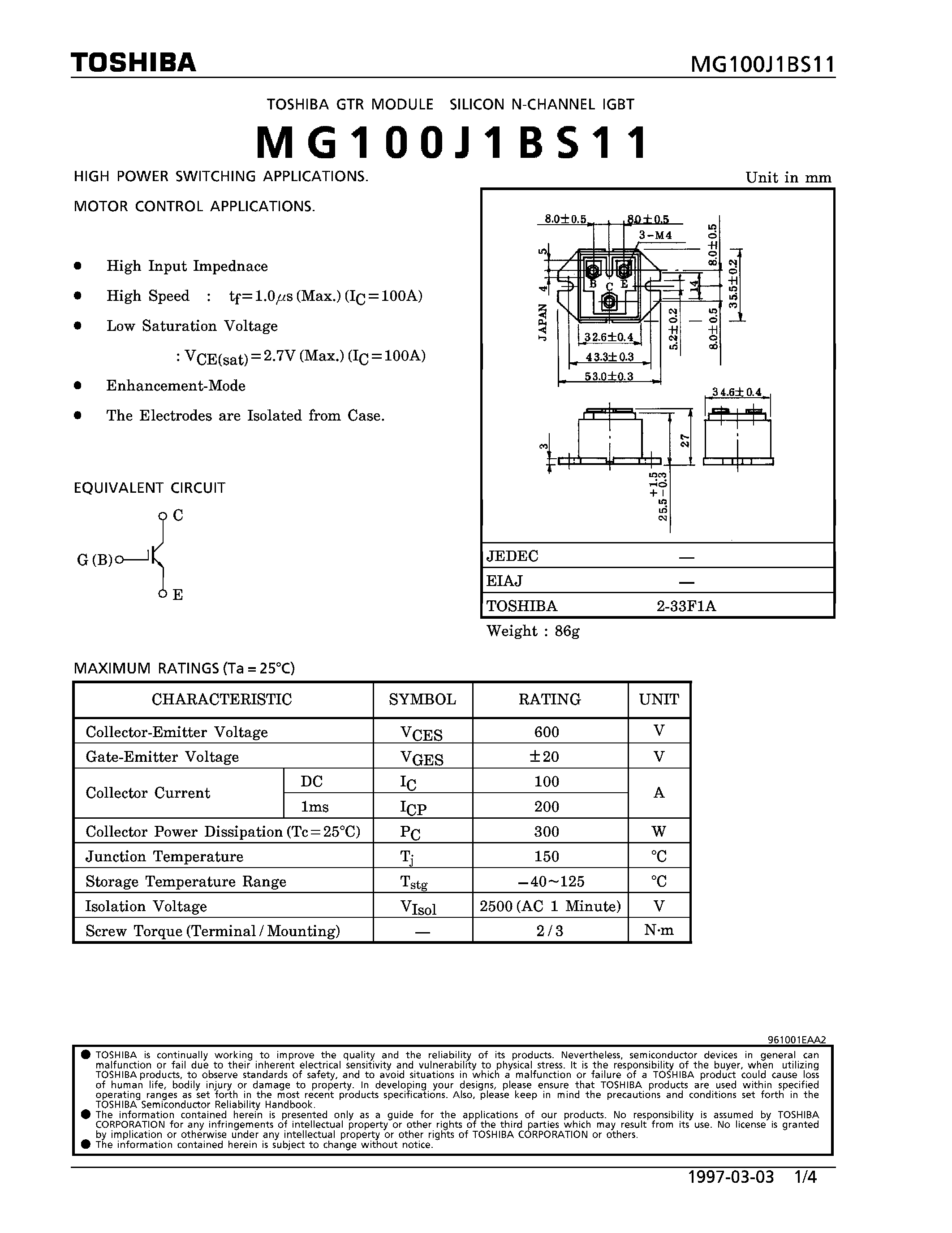 Datasheet MG100J1BS11 - N CHANNEL IGBT (HIGH PWER SWITCHING / MOTOR CONTROL APPLICATIONS) page 1