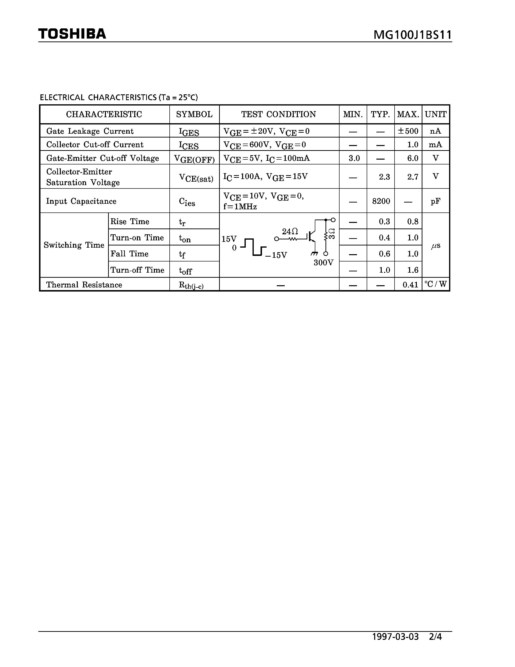 Datasheet MG100J1BS11 - N CHANNEL IGBT (HIGH PWER SWITCHING / MOTOR CONTROL APPLICATIONS) page 2