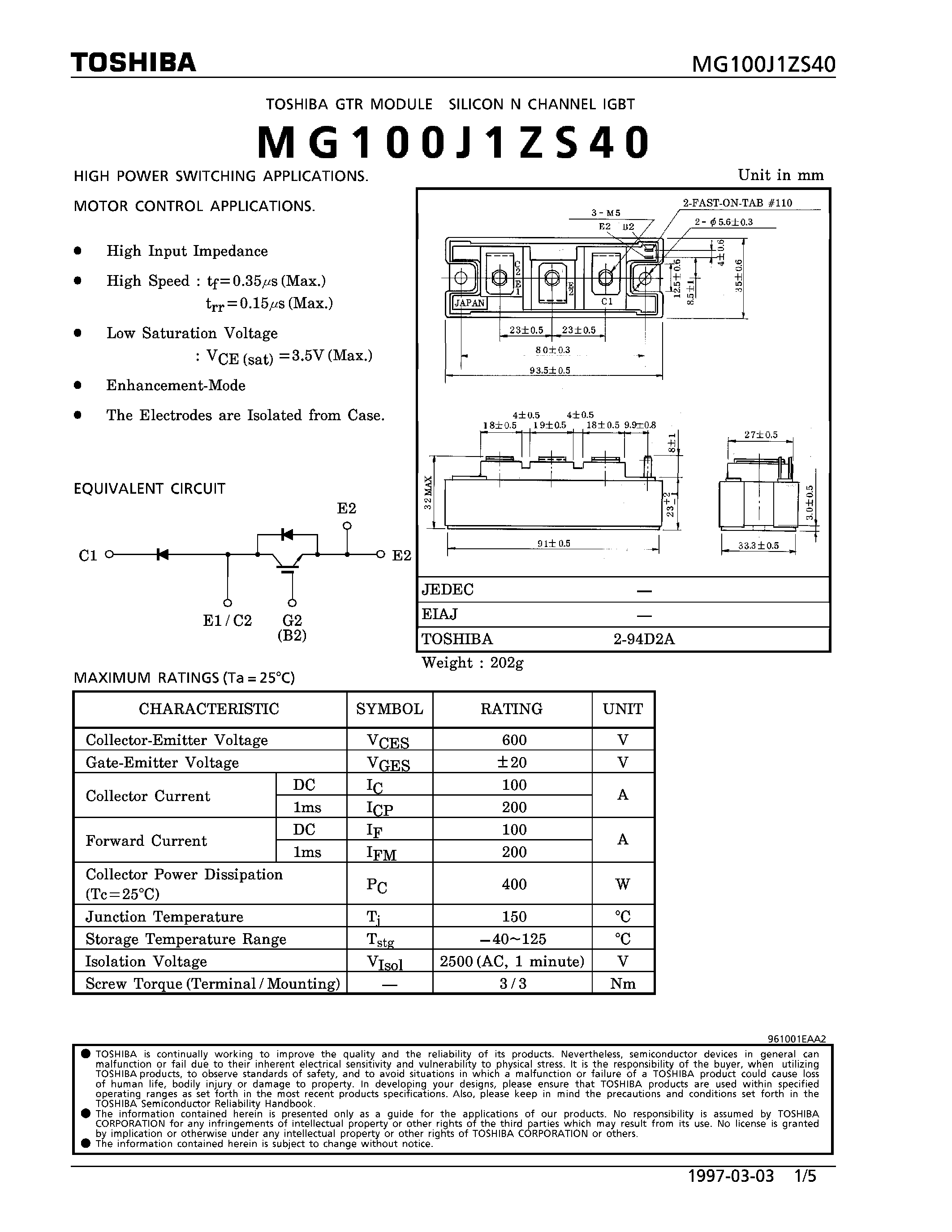 Datasheet MG100J1ZS40 - N CHANNEL IGBT (HIGH PWER SWITCHING / MOTOR CONTROL APPLICATIONS) page 1