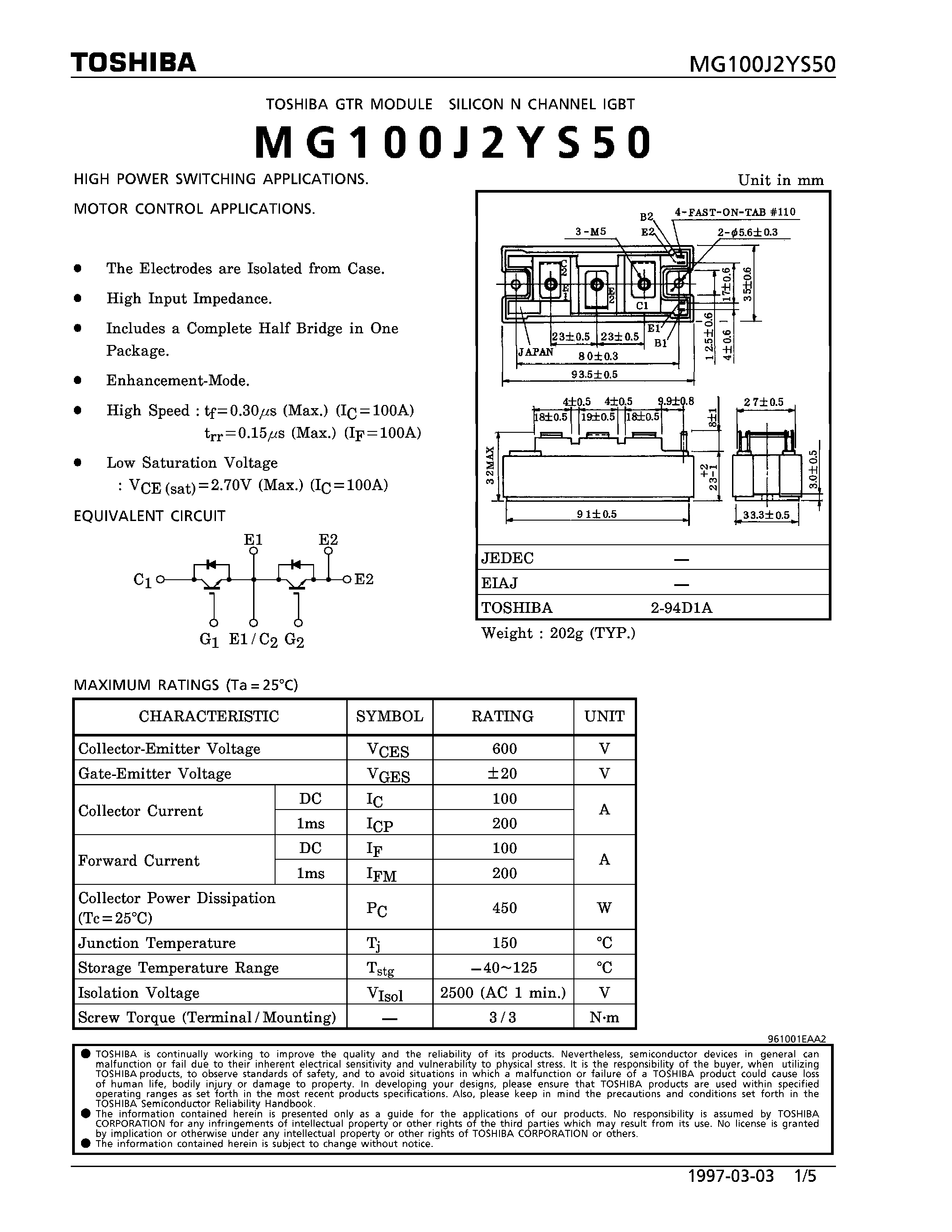Даташит MG100J2YS50 - N CHANNEL IGBT (HIGH PWER SWITCHING / MOTOR CONTROL APPLICATIONS) страница 1