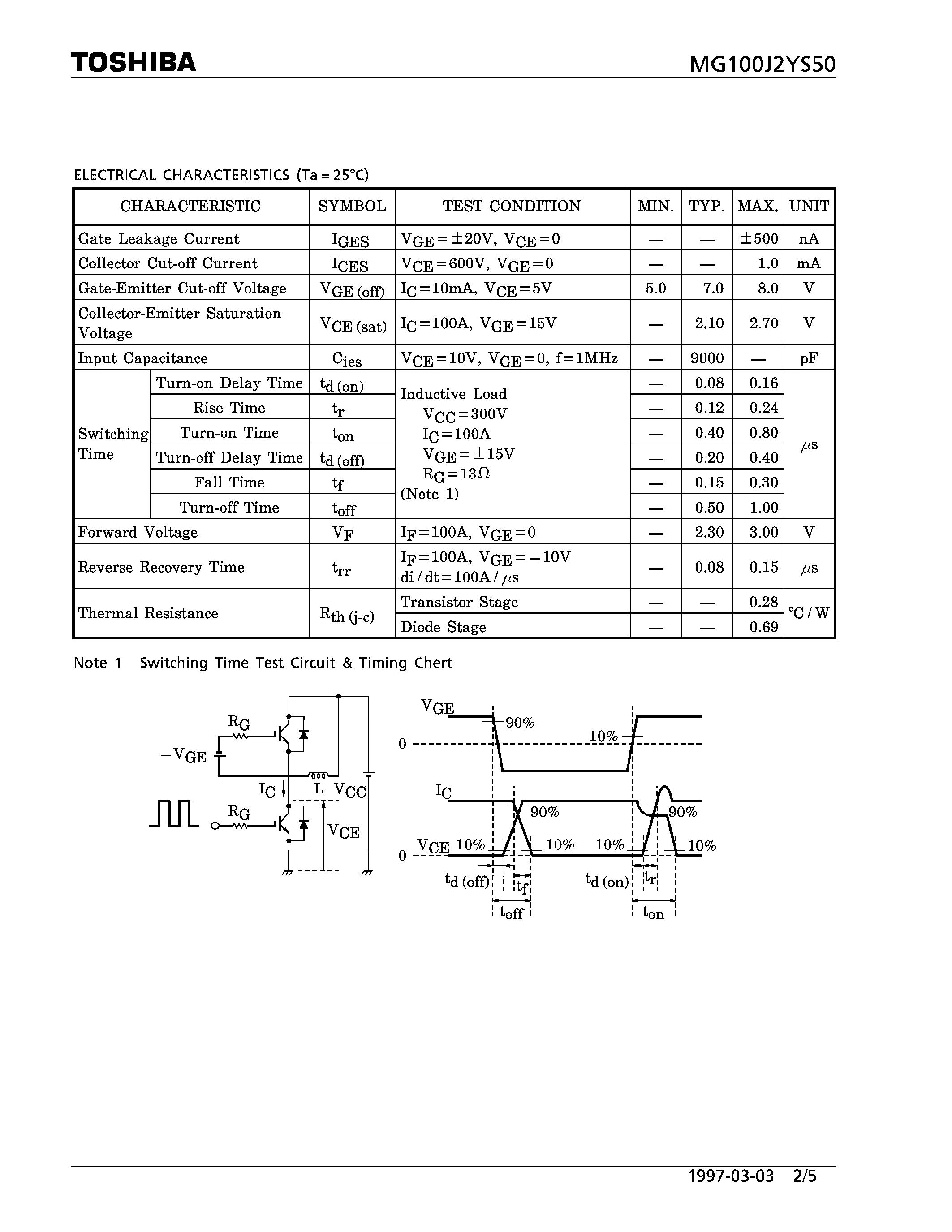 Даташит MG100J2YS50 - N CHANNEL IGBT (HIGH PWER SWITCHING / MOTOR CONTROL APPLICATIONS) страница 2