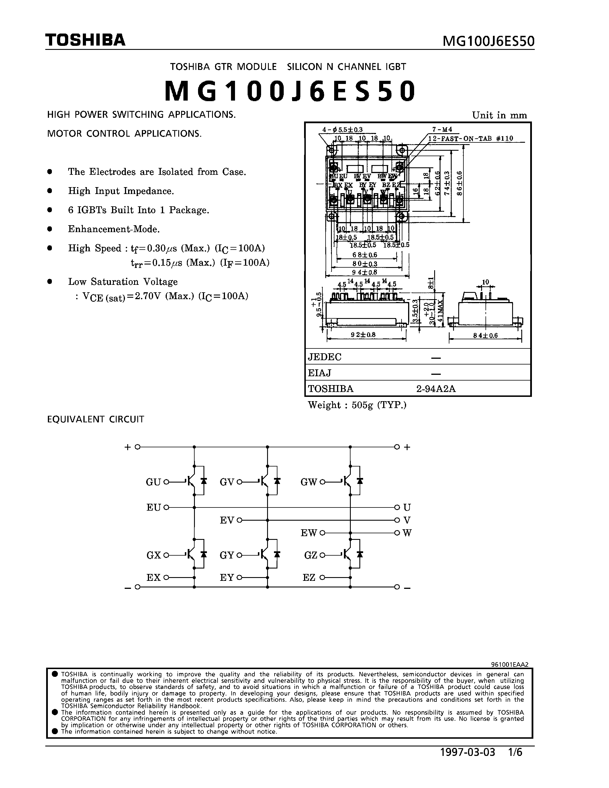 Datasheet MG100J6ES50 - N CHANNEL IGBT (HIGH PWER SWITCHING / MOTOR CONTROL APPLICATIONS) page 1