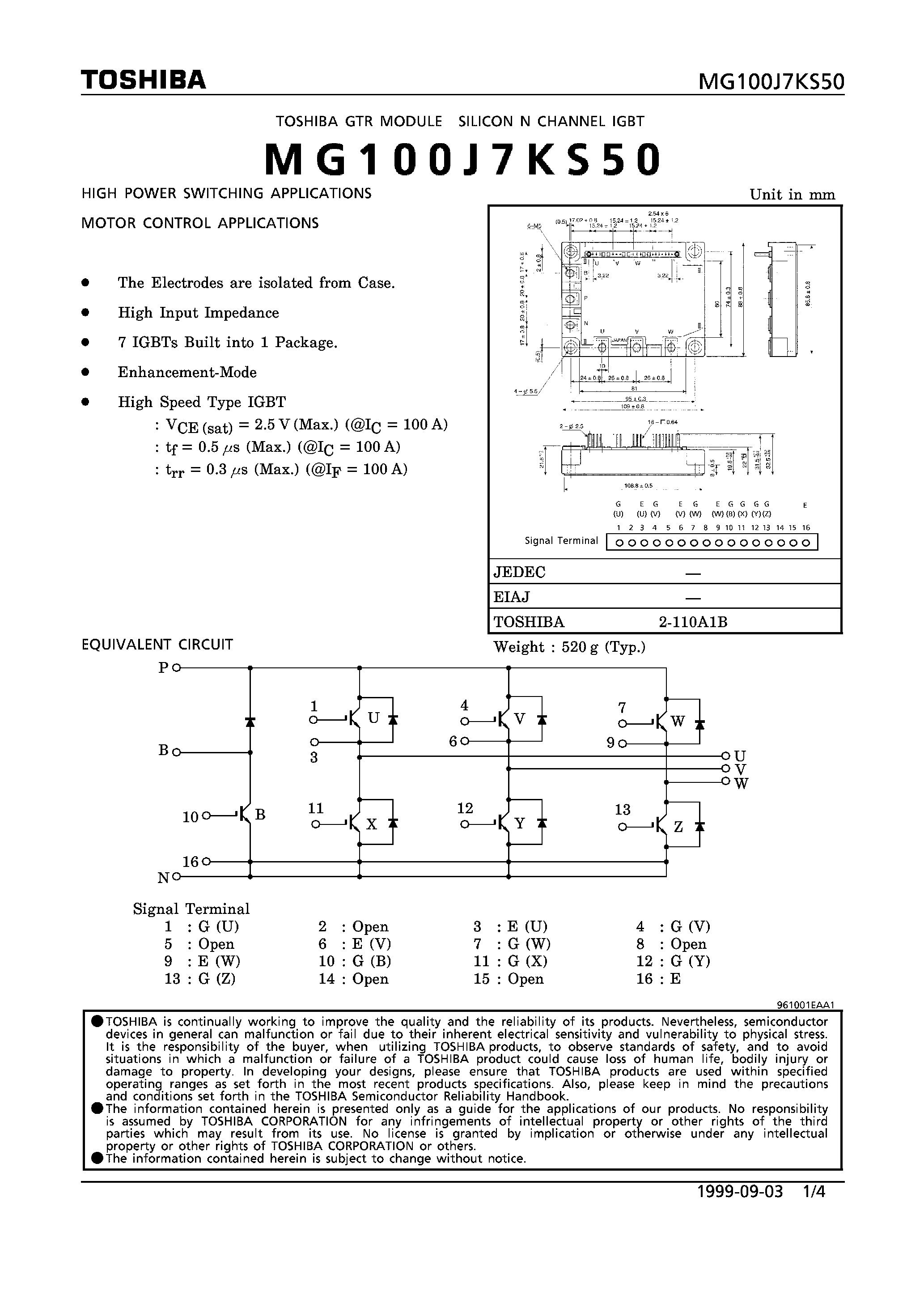 Datasheet MG100J7KS50 - N CHANNEL IGBT (HIGH PWER SWITCHING / MOTOR CONTROL APPLICATIONS) page 1