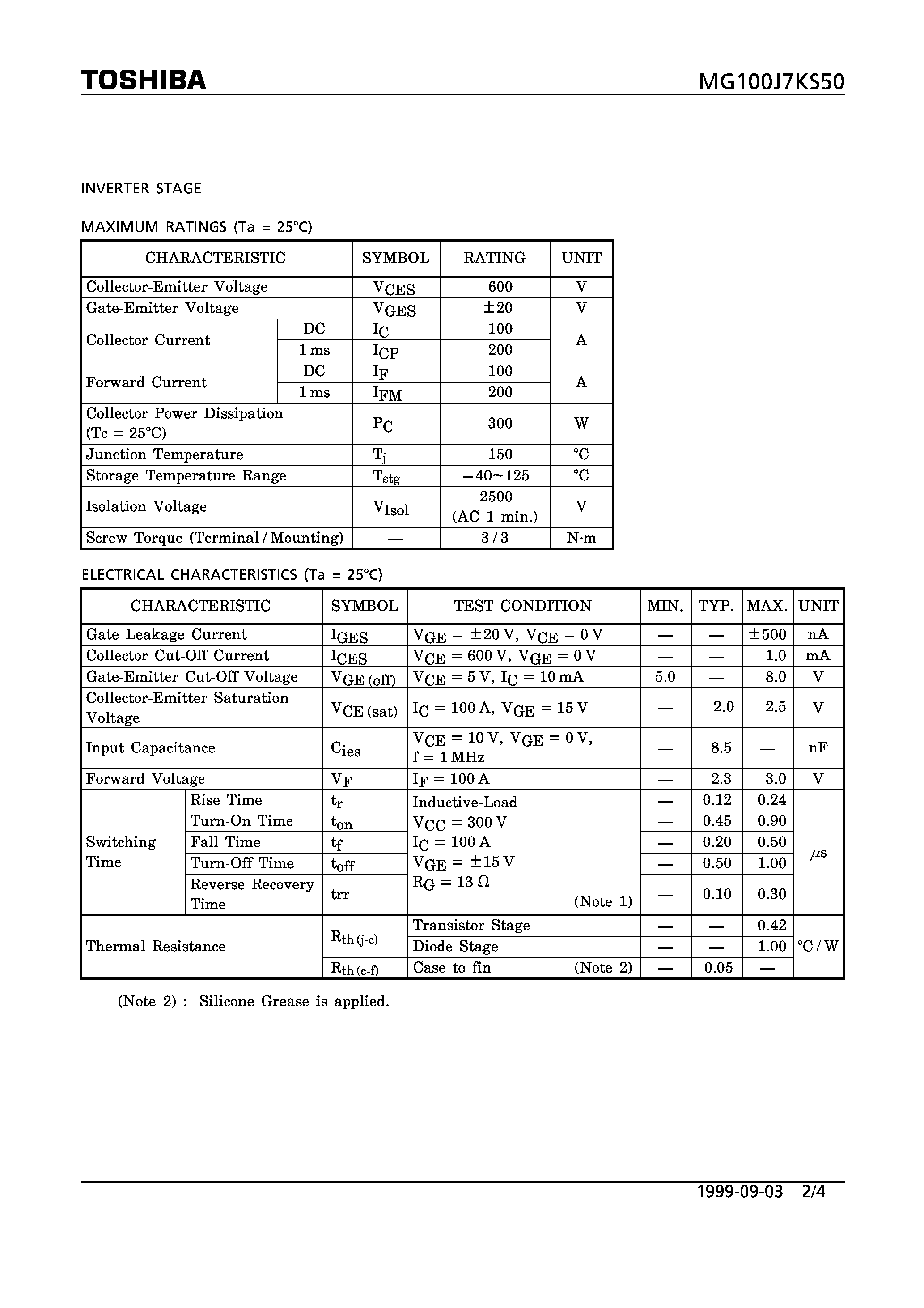 Datasheet MG100J7KS50 - N CHANNEL IGBT (HIGH PWER SWITCHING / MOTOR CONTROL APPLICATIONS) page 2
