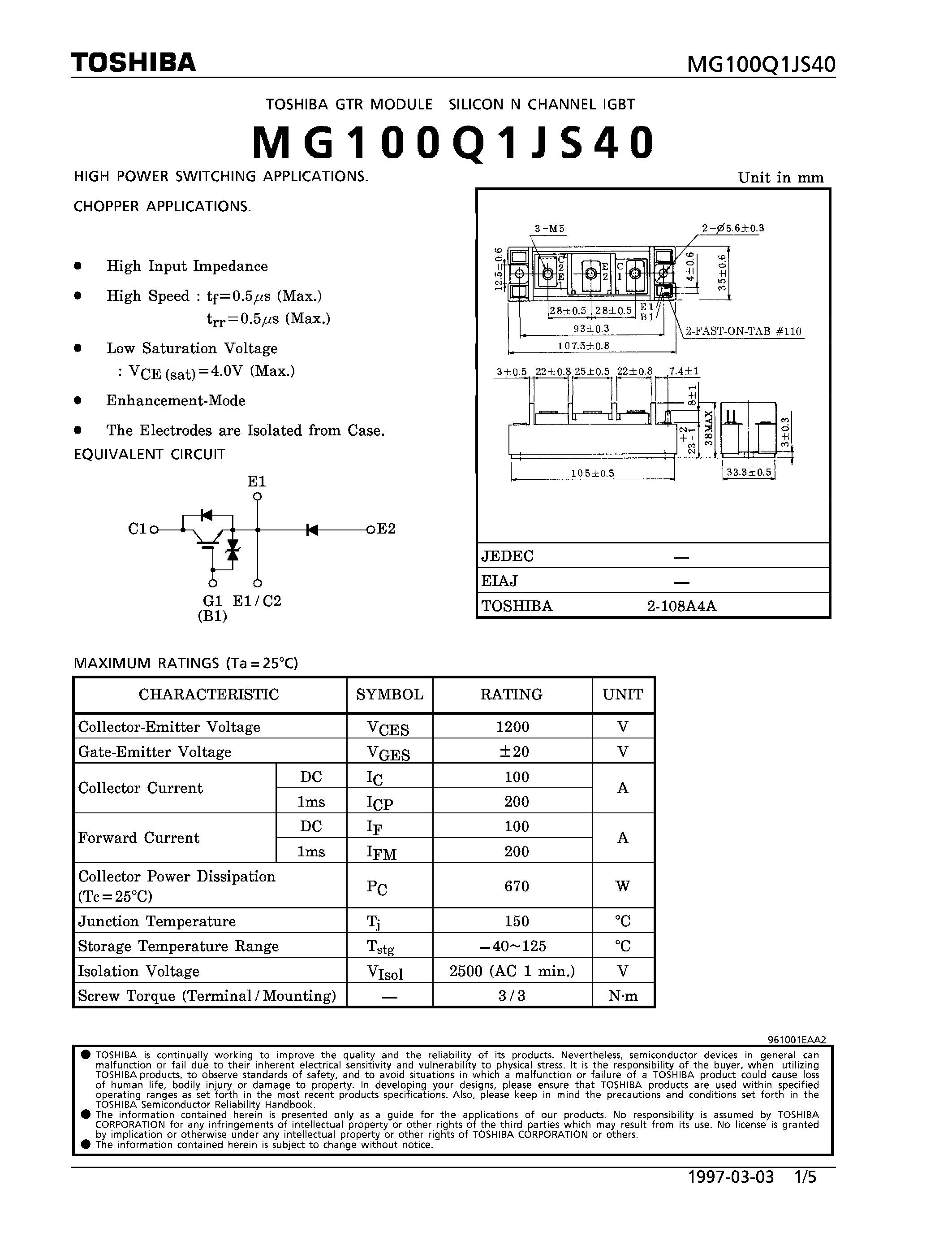 Datasheet MG100Q1JS40 - N CHANNEL IGBT (HIGH PWER SWITCHING / MOTOR CONTROL APPLICATIONS) page 1