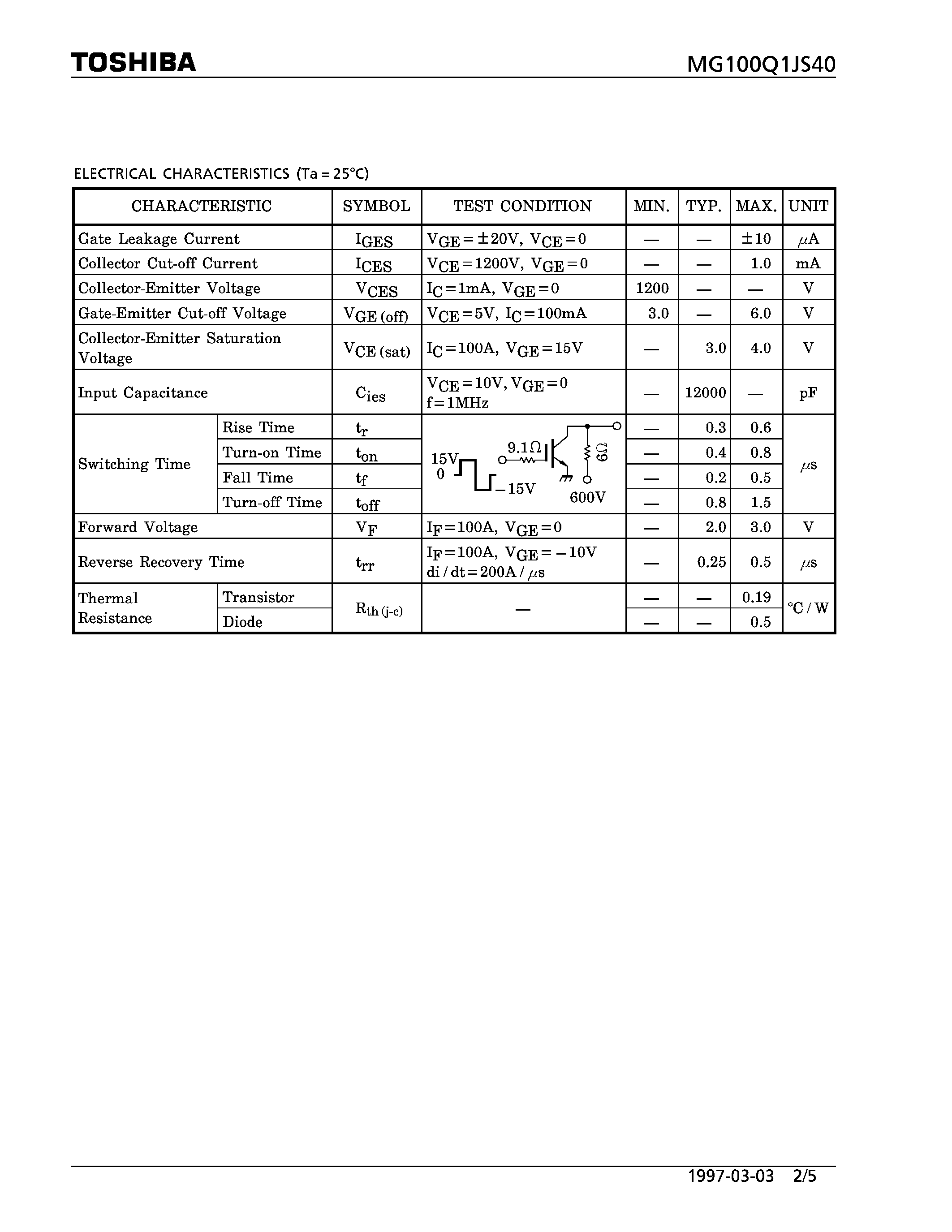 Datasheet MG100Q1JS40 - N CHANNEL IGBT (HIGH PWER SWITCHING / MOTOR CONTROL APPLICATIONS) page 2