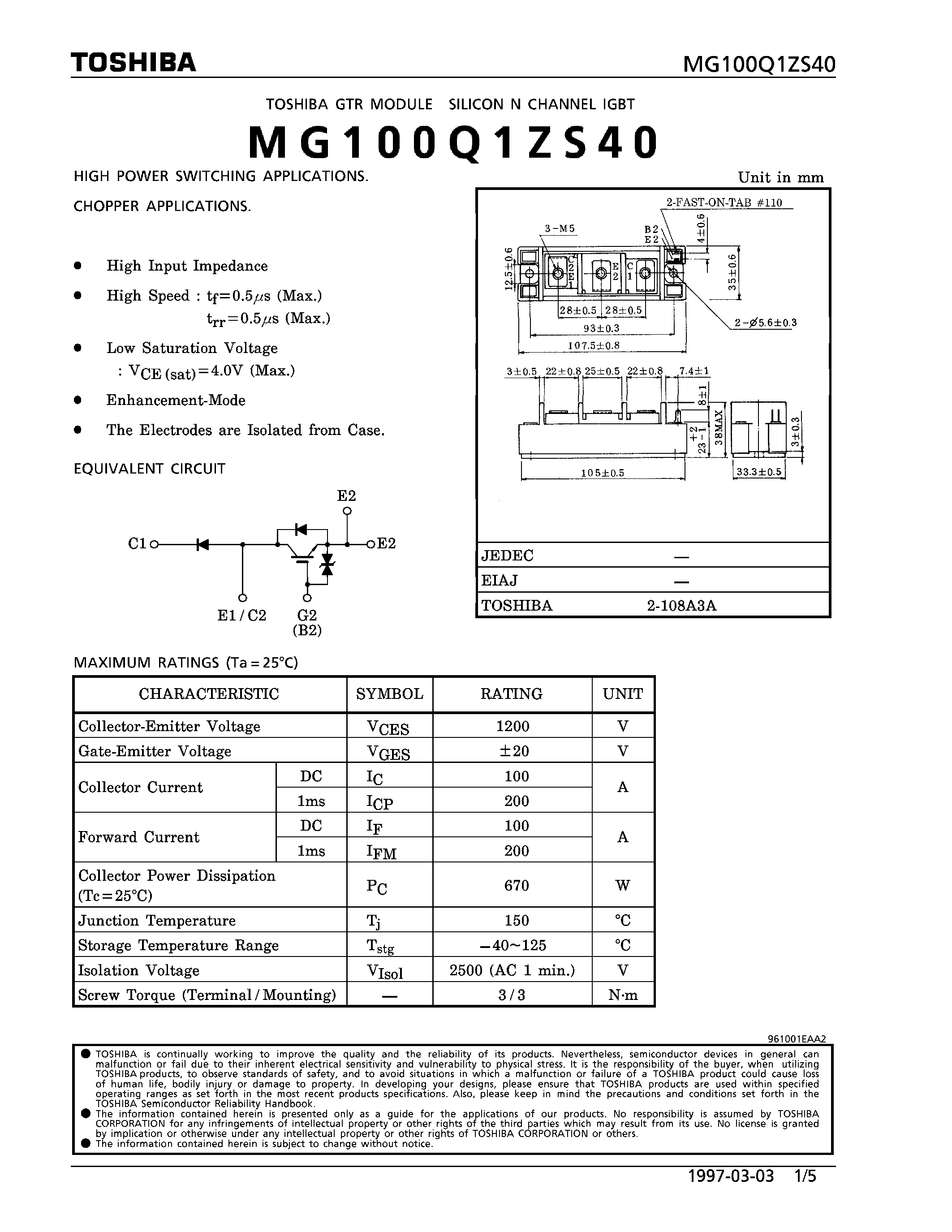 Datasheet MG100Q1ZS40 - N CHANNEL IGBT (HIGH PWER SWITCHING / MOTOR CONTROL APPLICATIONS) page 1