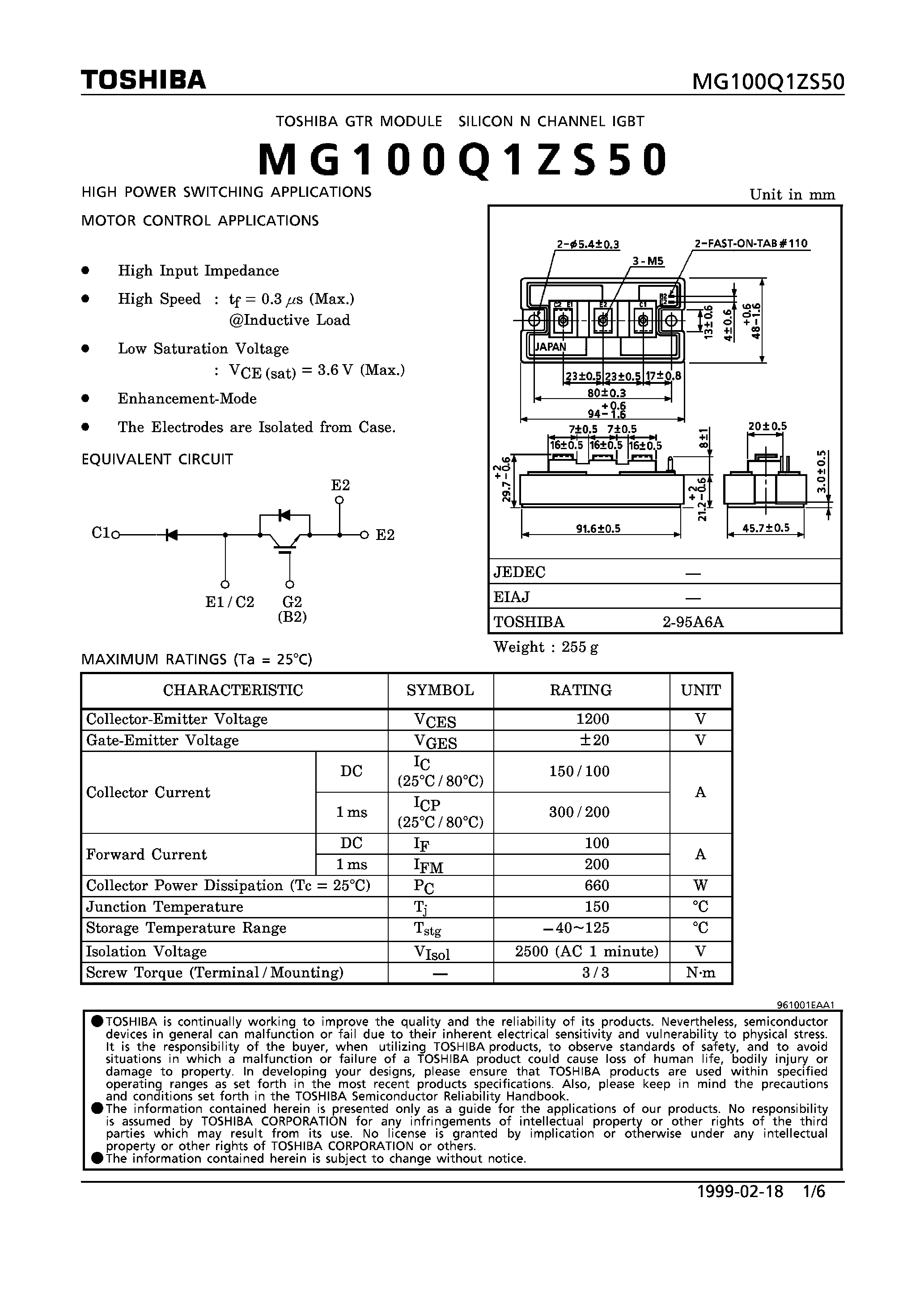 Datasheet MG100Q1ZS50 - N CHANNEL IGBT (HIGH PWER SWITCHING / MOTOR CONTROL APPLICATIONS) page 1