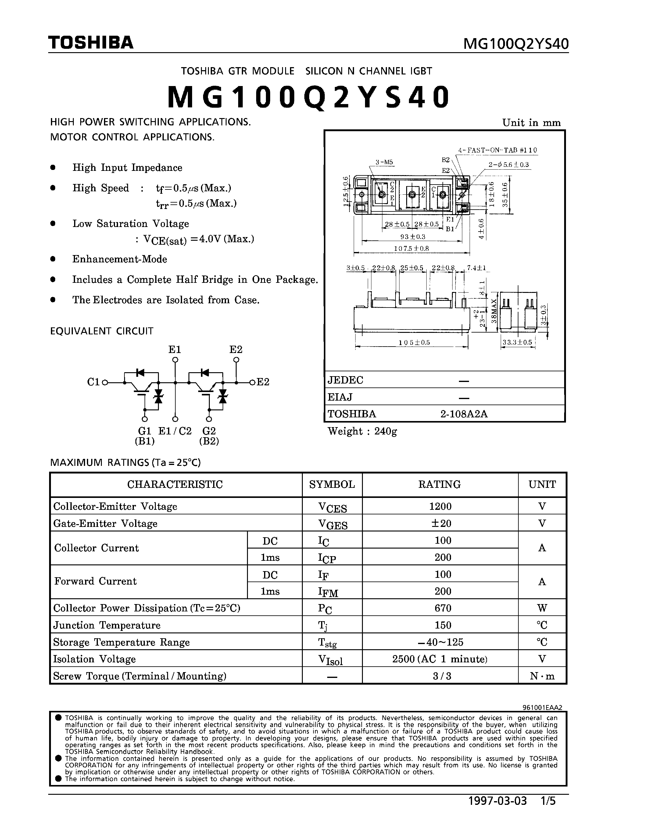 Datasheet MG100Q2YS40 - N CHANNEL IGBT (HIGH PWER SWITCHING / MOTOR CONTROL APPLICATIONS) page 1