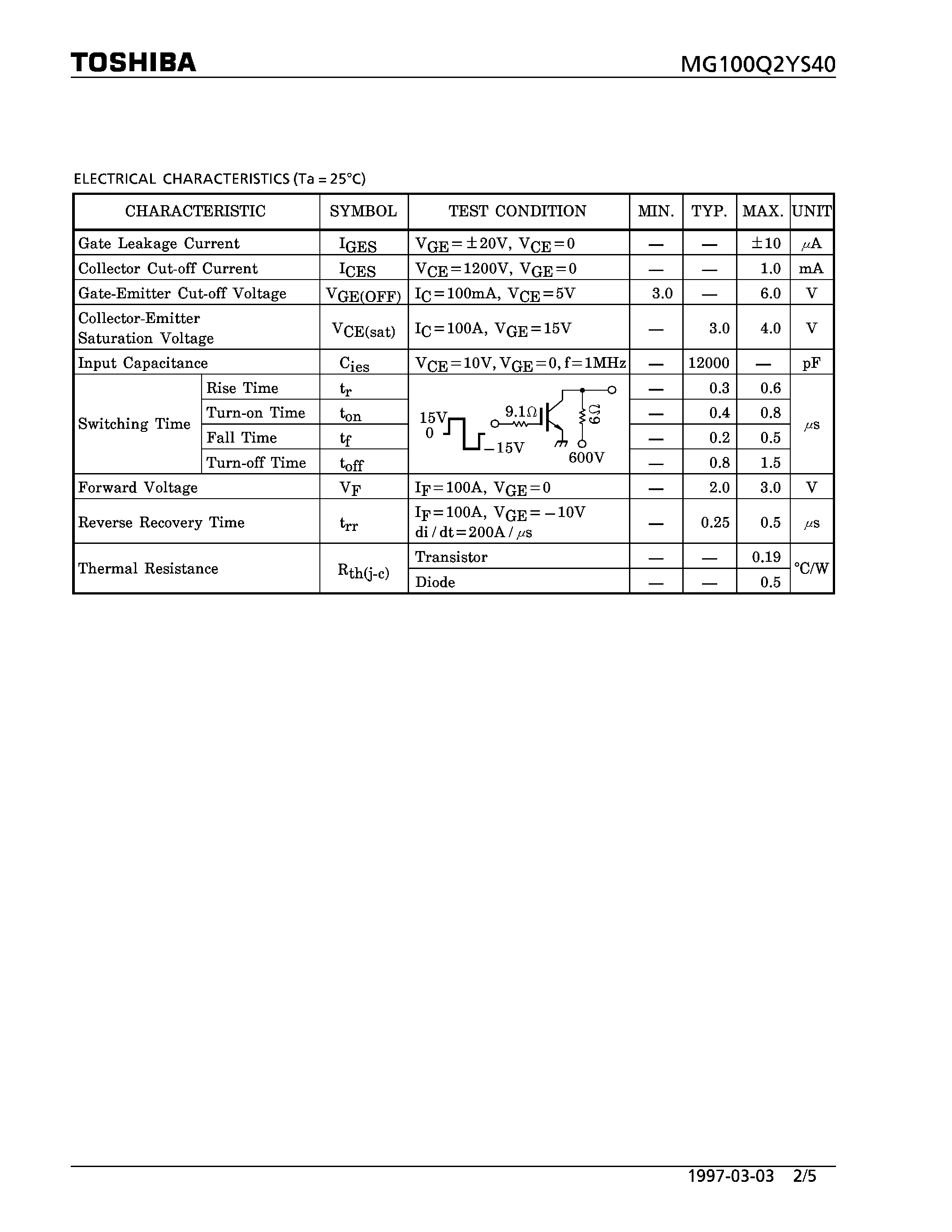 Datasheet MG100Q2YS40 - N CHANNEL IGBT (HIGH PWER SWITCHING / MOTOR CONTROL APPLICATIONS) page 2