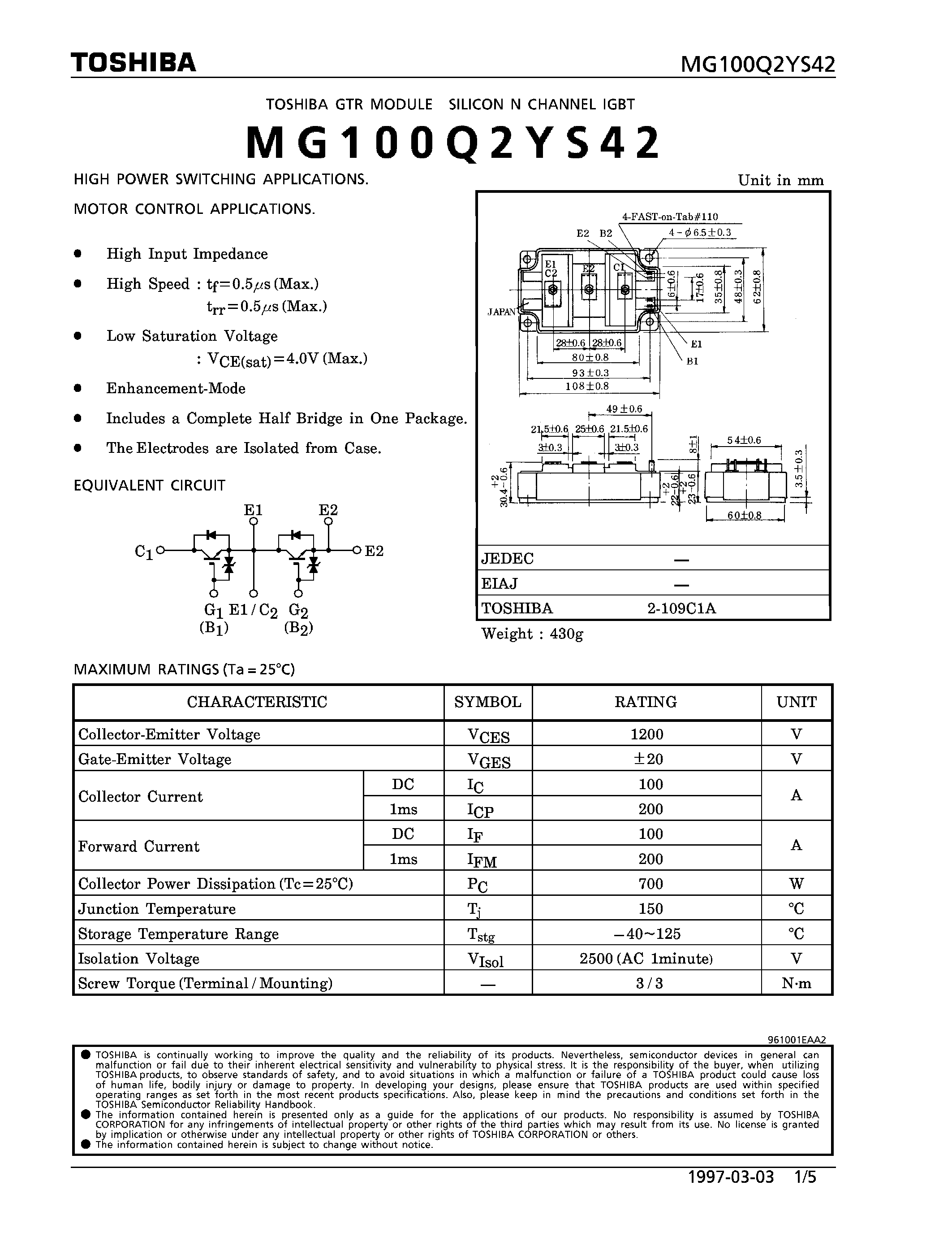 Datasheet MG100Q2YS42 - N CHANNEL IGBT (HIGH PWER SWITCHING / MOTOR CONTROL APPLICATIONS) page 1