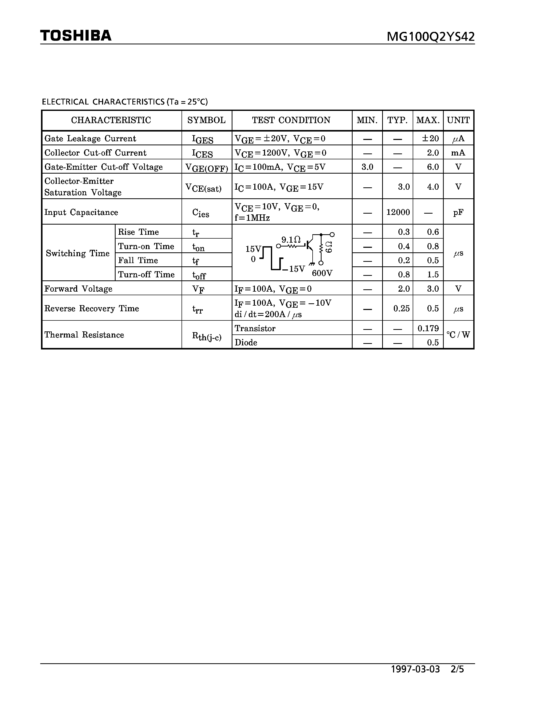 Datasheet MG100Q2YS42 - N CHANNEL IGBT (HIGH PWER SWITCHING / MOTOR CONTROL APPLICATIONS) page 2