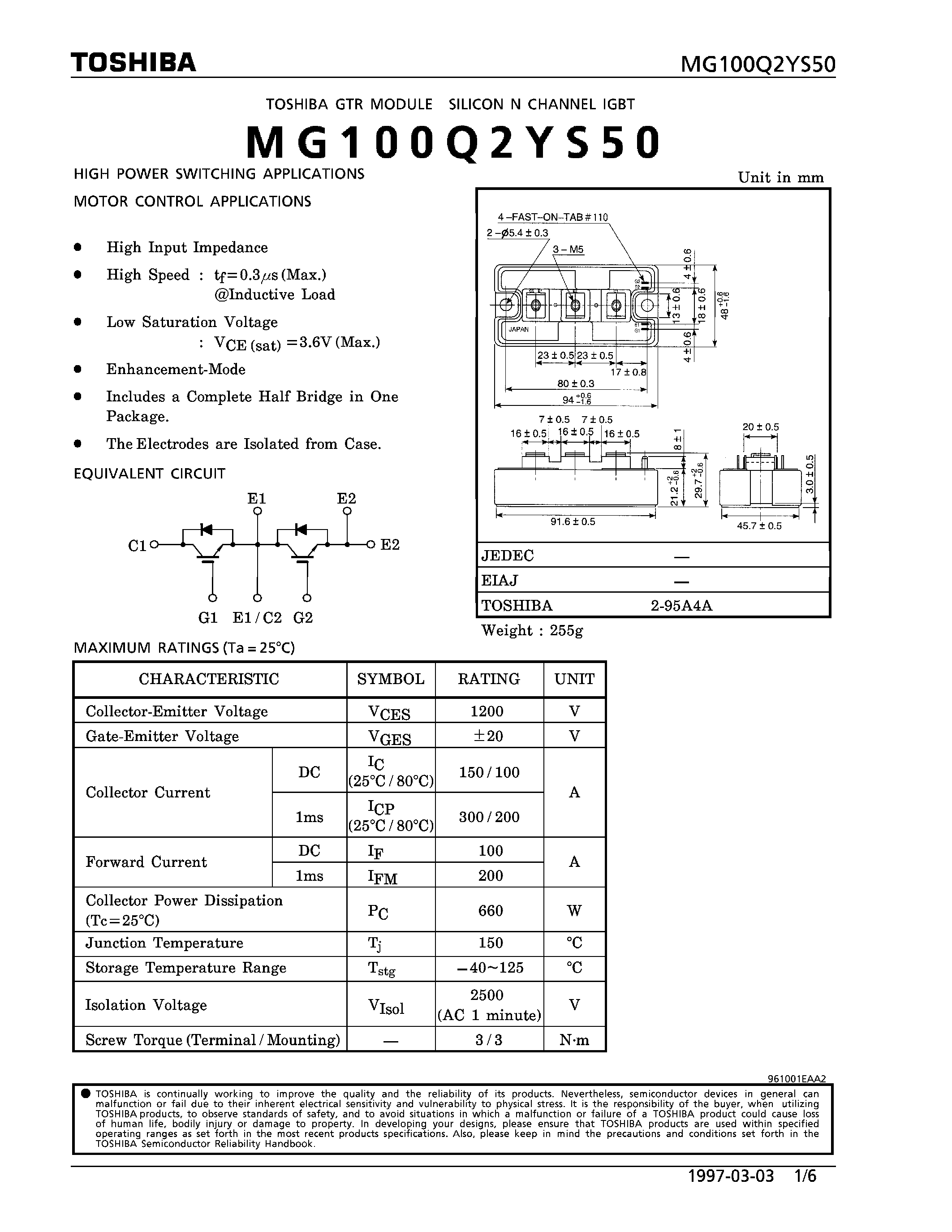 Datasheet MG100Q2YS50 - N CHANNEL IGBT (HIGH PWER SWITCHING / MOTOR CONTROL APPLICATIONS) page 1