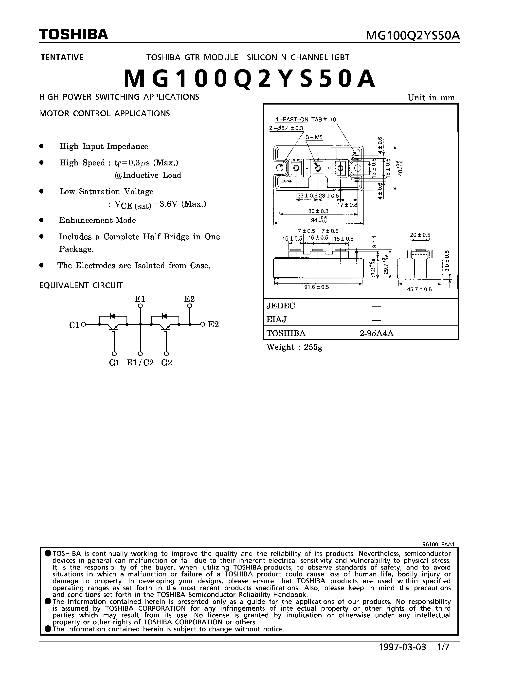 Datasheet MG100Q2YS50A - N CHANNEL IGBT (HIGH PWER SWITCHING / MOTOR CONTROL APPLICATIONS) page 1