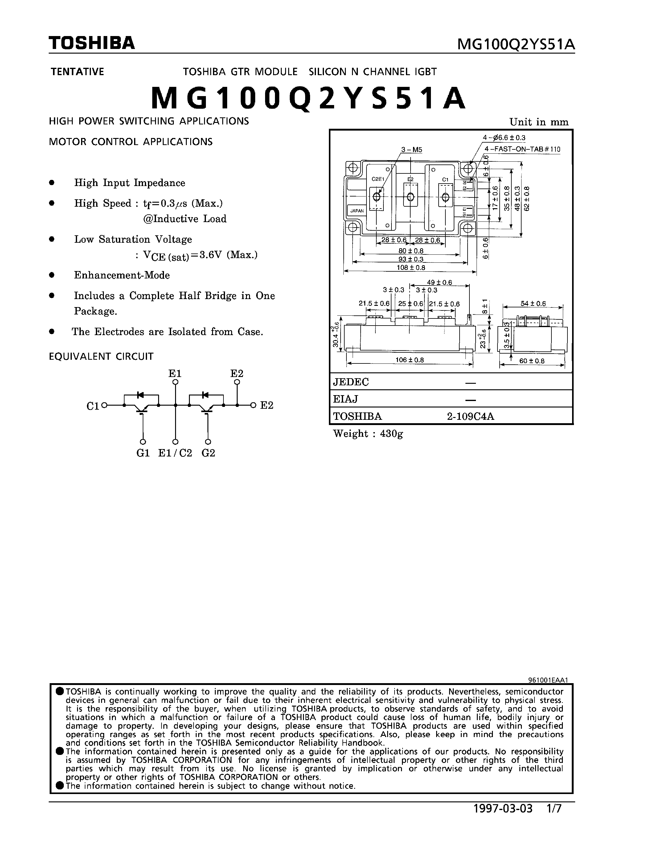 Datasheet MG100Q2YS51A - N CHANNEL IGBT (HIGH PWER SWITCHING / MOTOR CONTROL APPLICATIONS) page 1