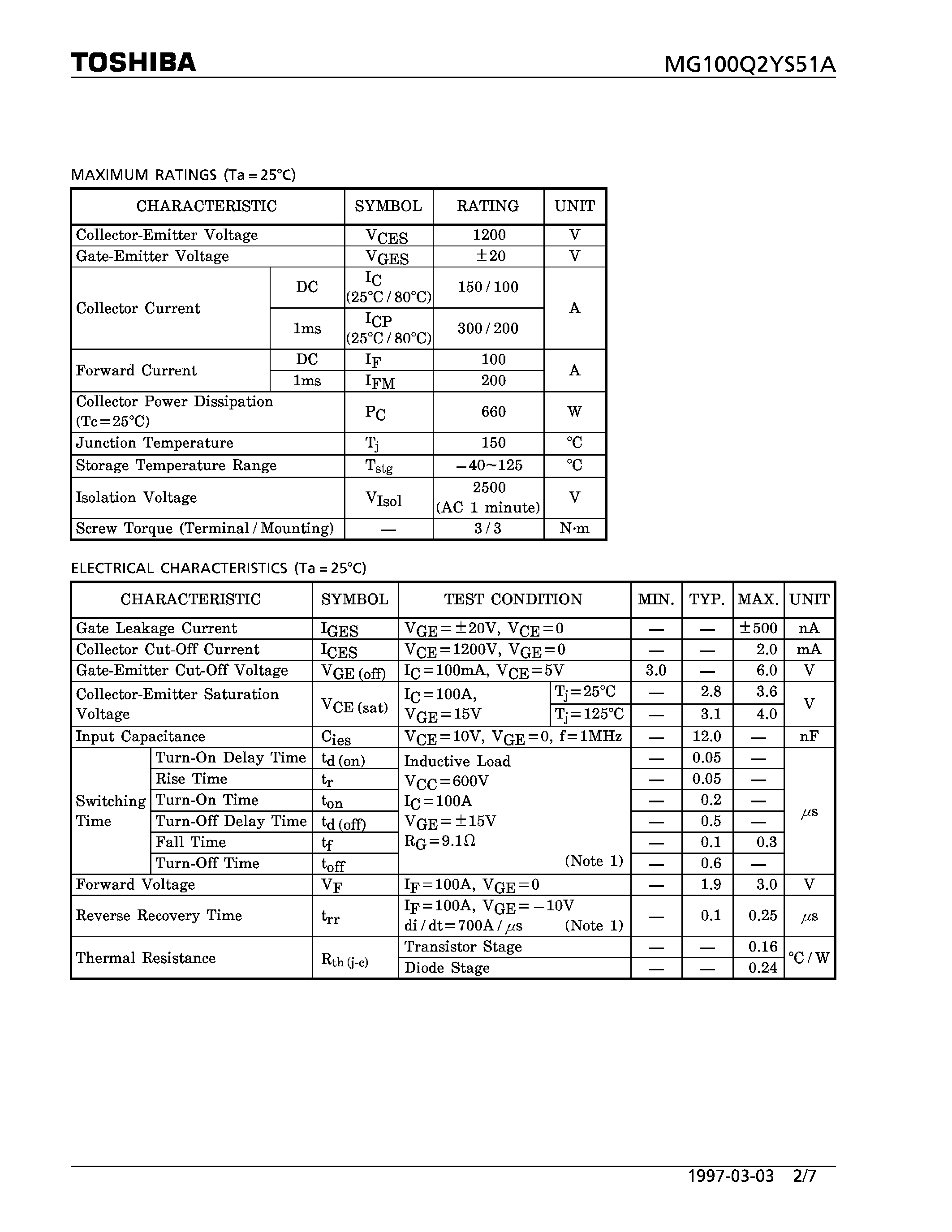 Datasheet MG100Q2YS51A - N CHANNEL IGBT (HIGH PWER SWITCHING / MOTOR CONTROL APPLICATIONS) page 2