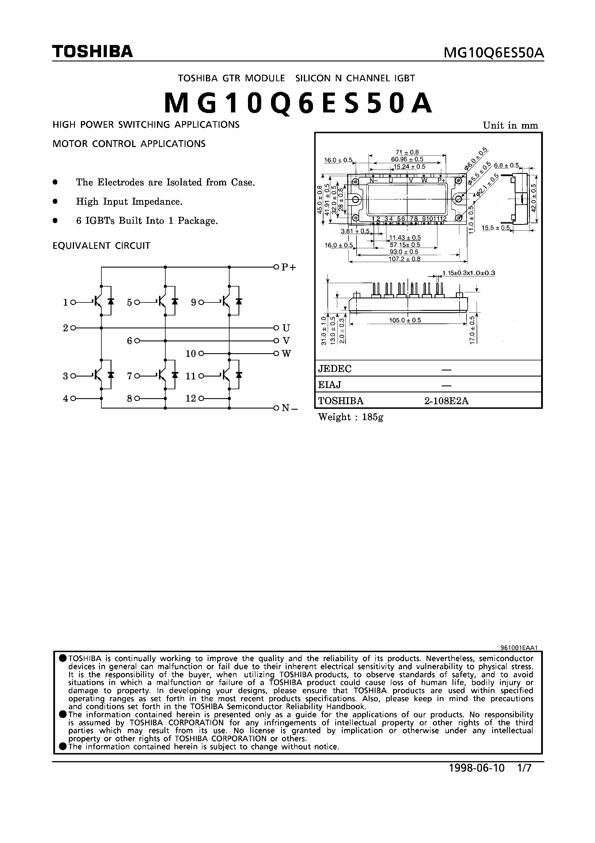 Datasheet MG10Q6ES50A - N CHANNEL IGBT (HIGH PWER SWITCHING / MOTOR CONTROL APPLICATIONS) page 1