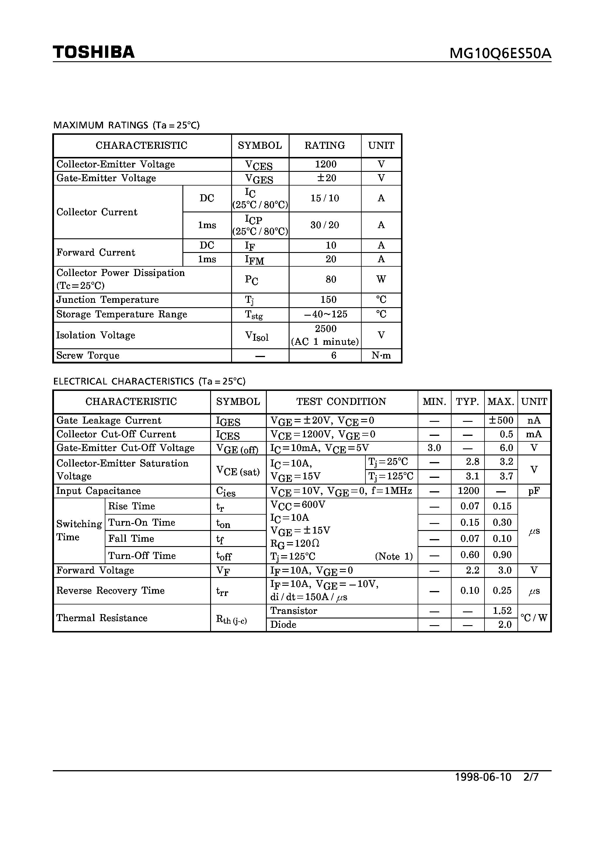 Datasheet MG10Q6ES50A - N CHANNEL IGBT (HIGH PWER SWITCHING / MOTOR CONTROL APPLICATIONS) page 2