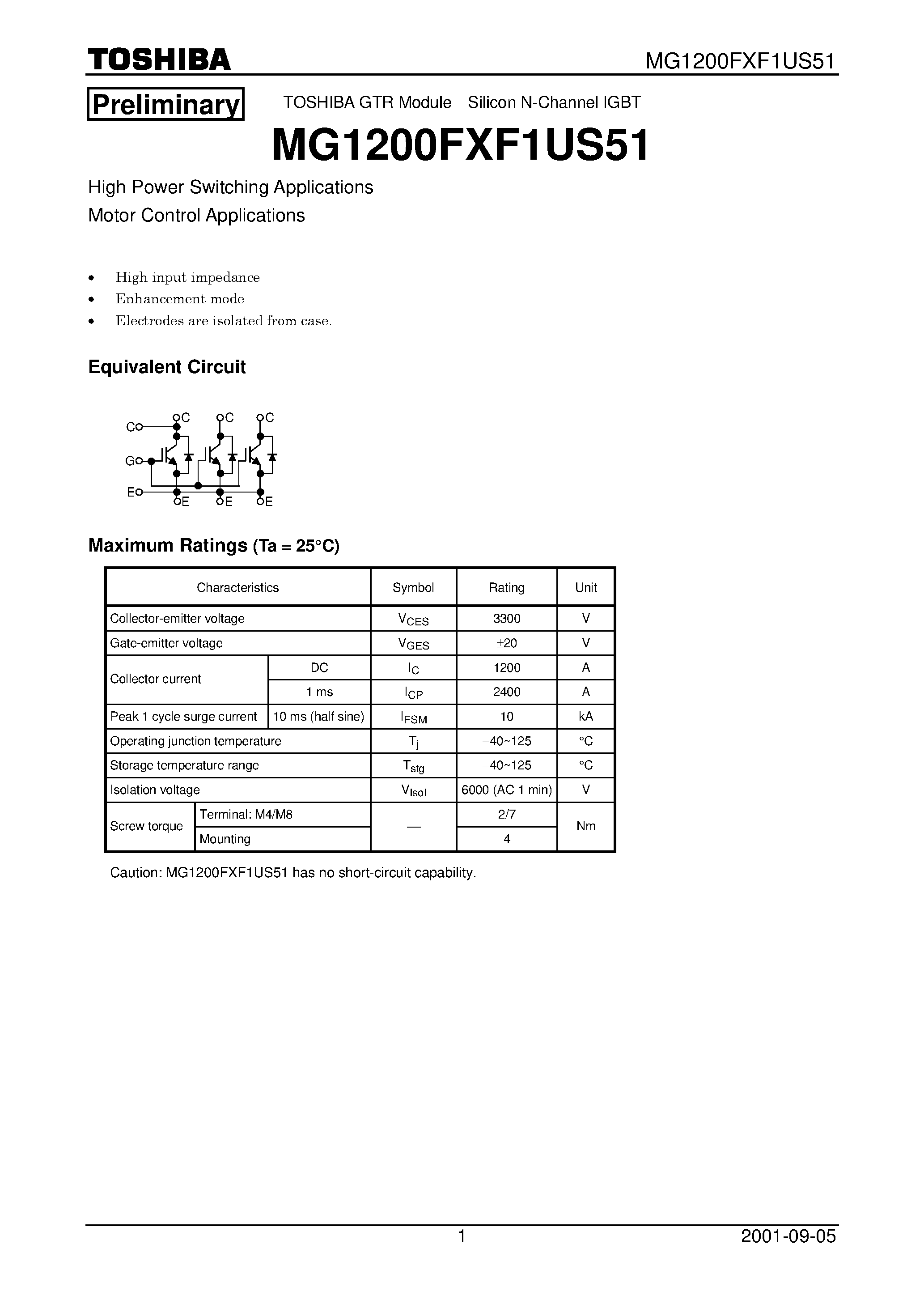 Datasheet MG1200FXF1US51 - TOSHIBA GTR Module Silicon N-Channel IGBT page 1