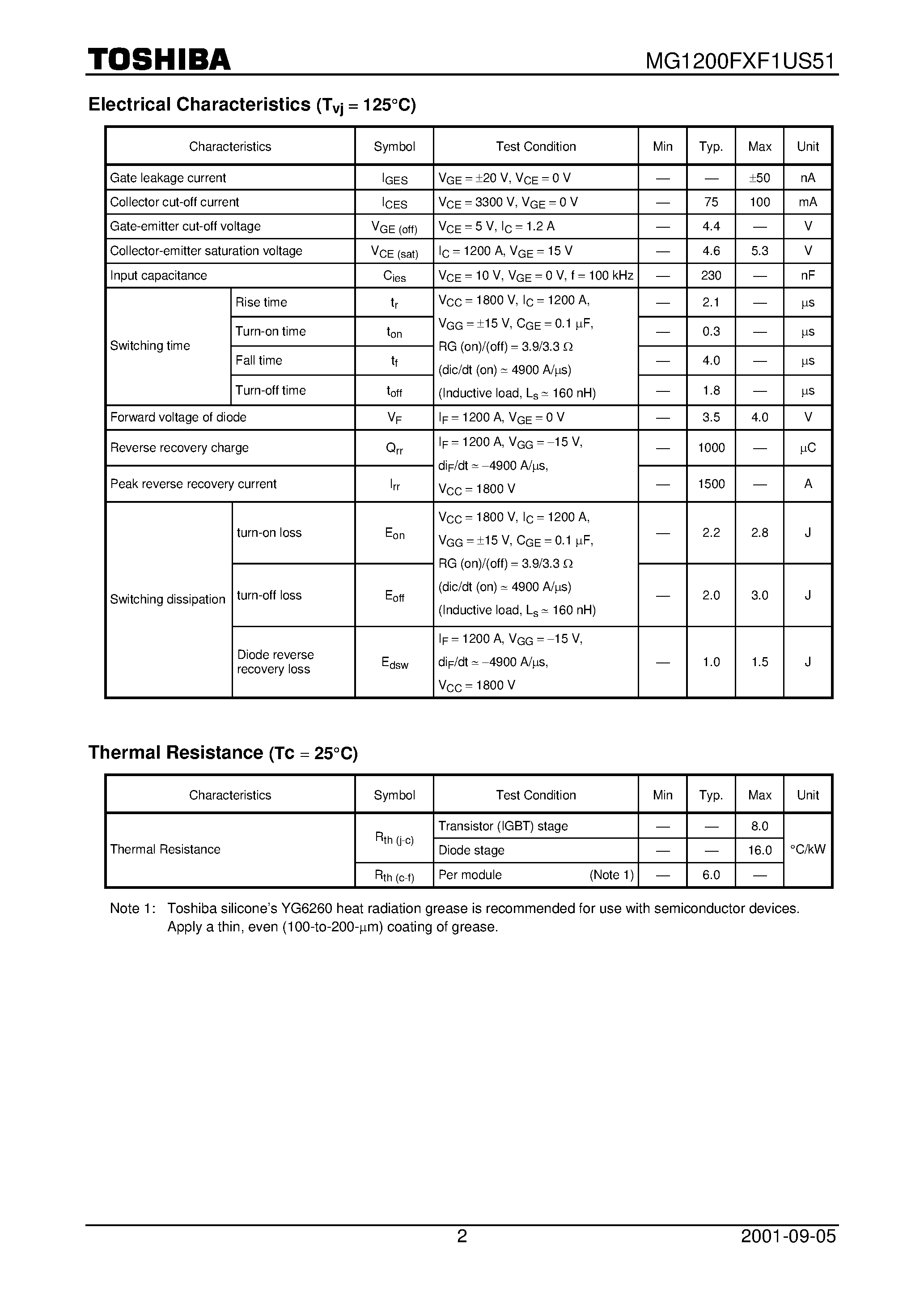 Datasheet MG1200FXF1US51 - TOSHIBA GTR Module Silicon N-Channel IGBT page 2