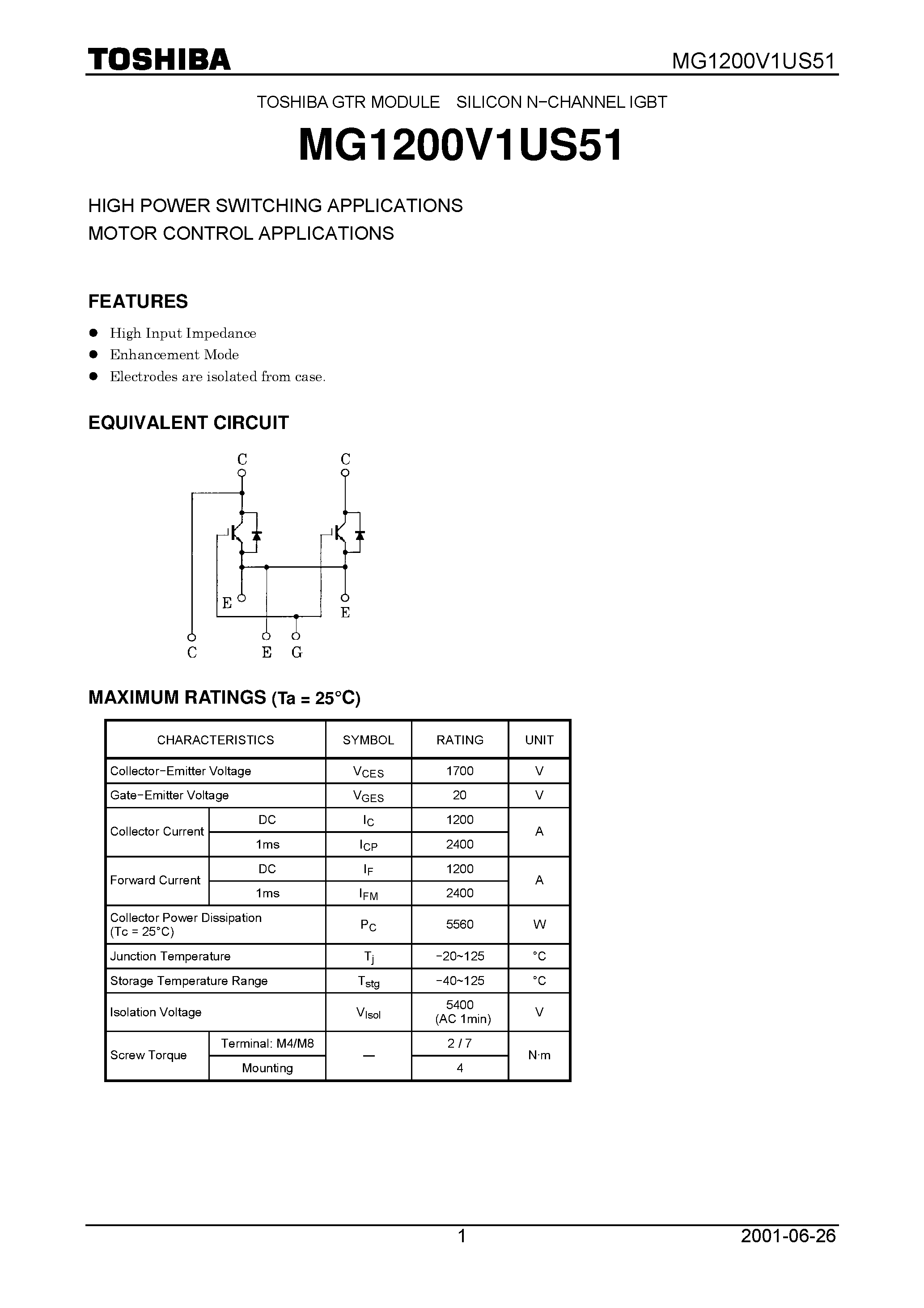 Datasheet MG1200V1US51 - TOSHIBA GTR MODULE SILICON N−CHANNEL IGBT page 1