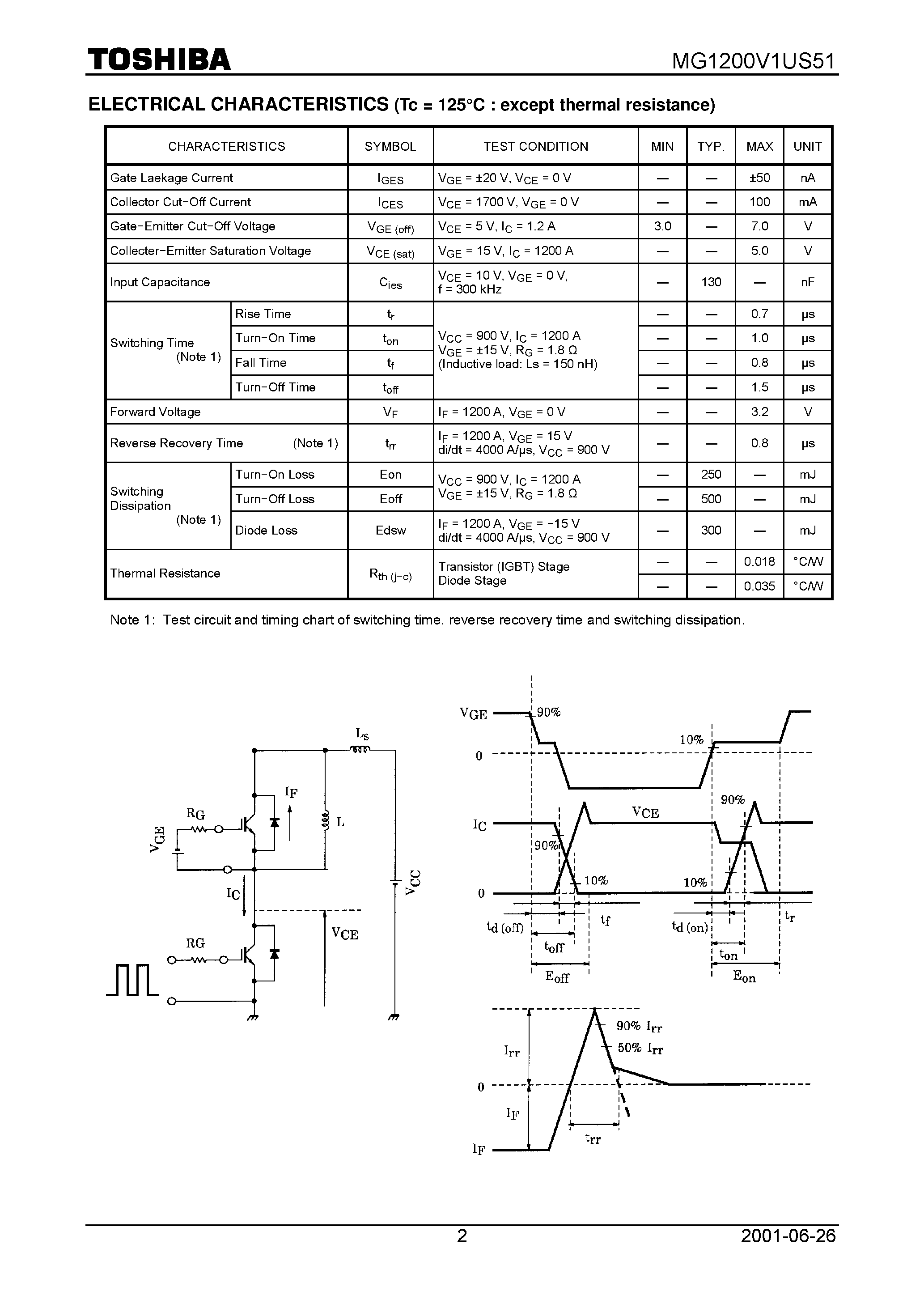 Datasheet MG1200V1US51 - TOSHIBA GTR MODULE SILICON N−CHANNEL IGBT page 2