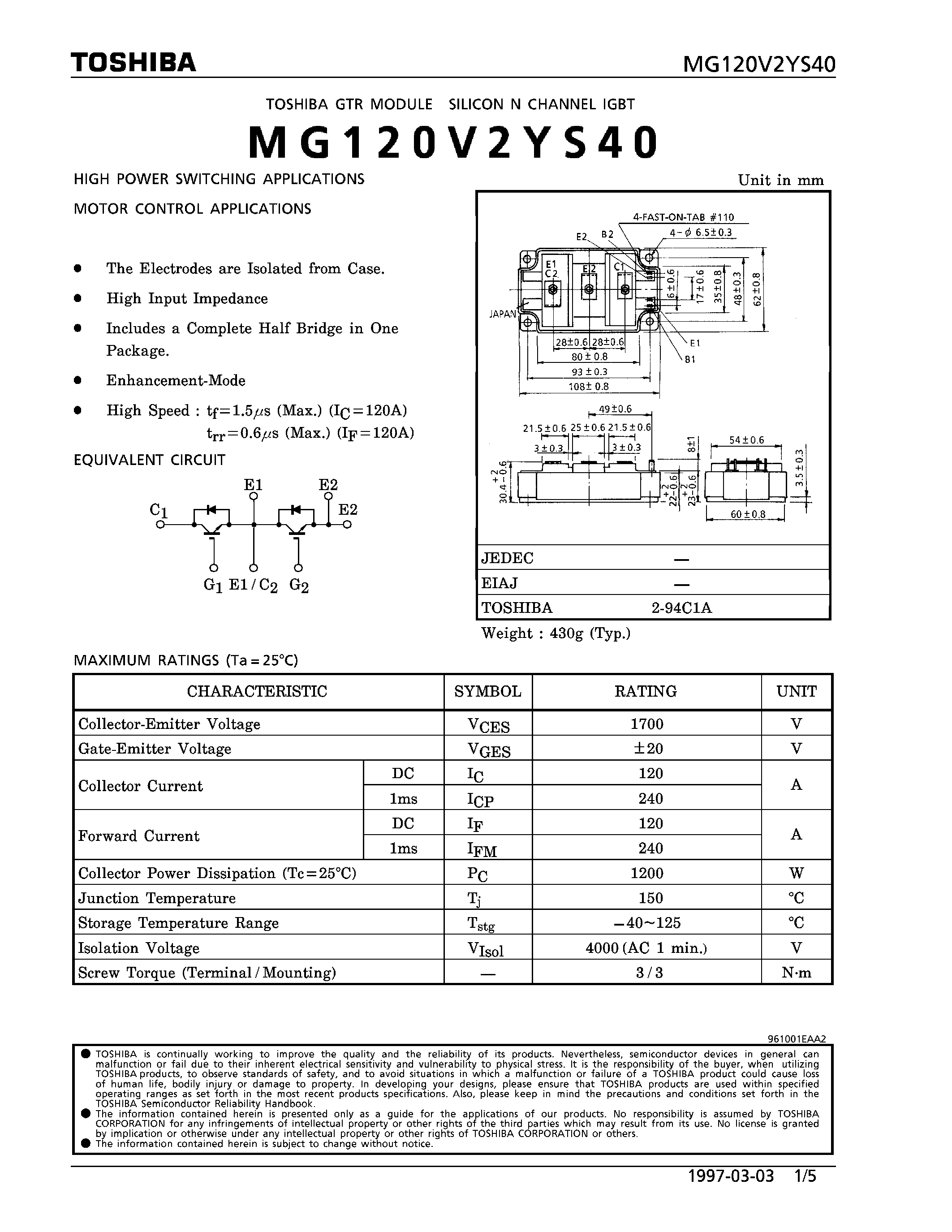 Datasheet MG120V2YS40 - N CHANNEL IGBT (HIGH PWER SWITCHING / MOTOR CONTROL APPLICATIONS) page 1