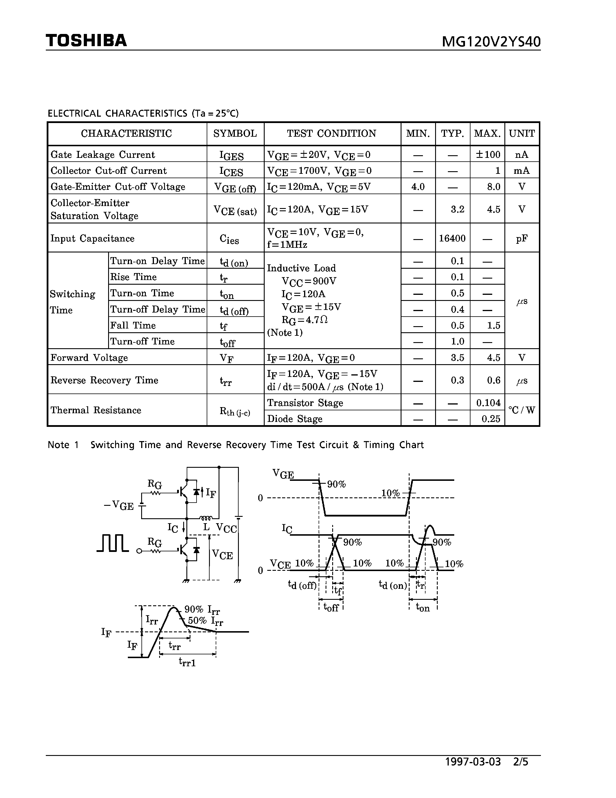 Datasheet MG120V2YS40 - N CHANNEL IGBT (HIGH PWER SWITCHING / MOTOR CONTROL APPLICATIONS) page 2