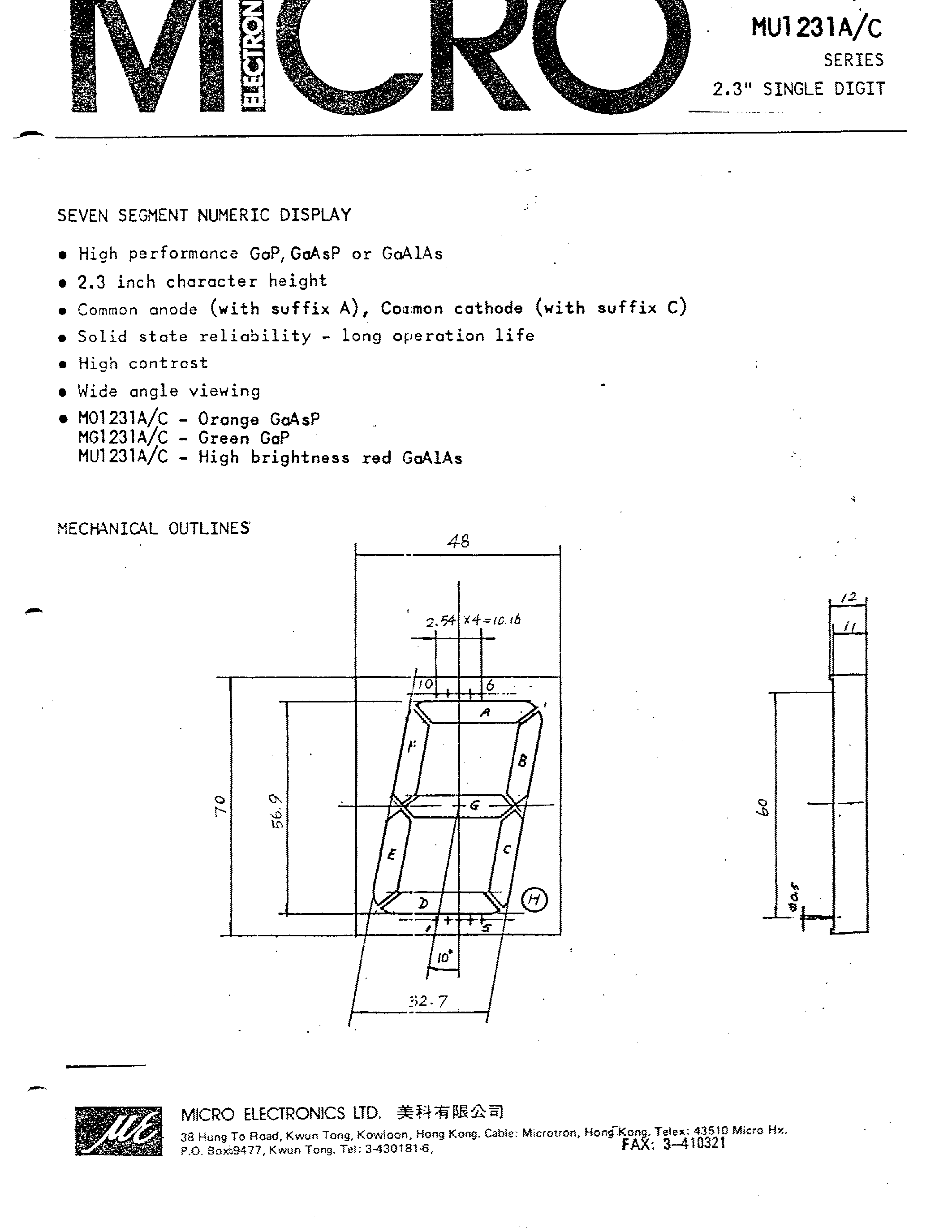 Datasheet MG1231A-C page 1 Datasheet MG1231A-C - SEVEN SEGMENT NUMERIC DISPLAY page 1