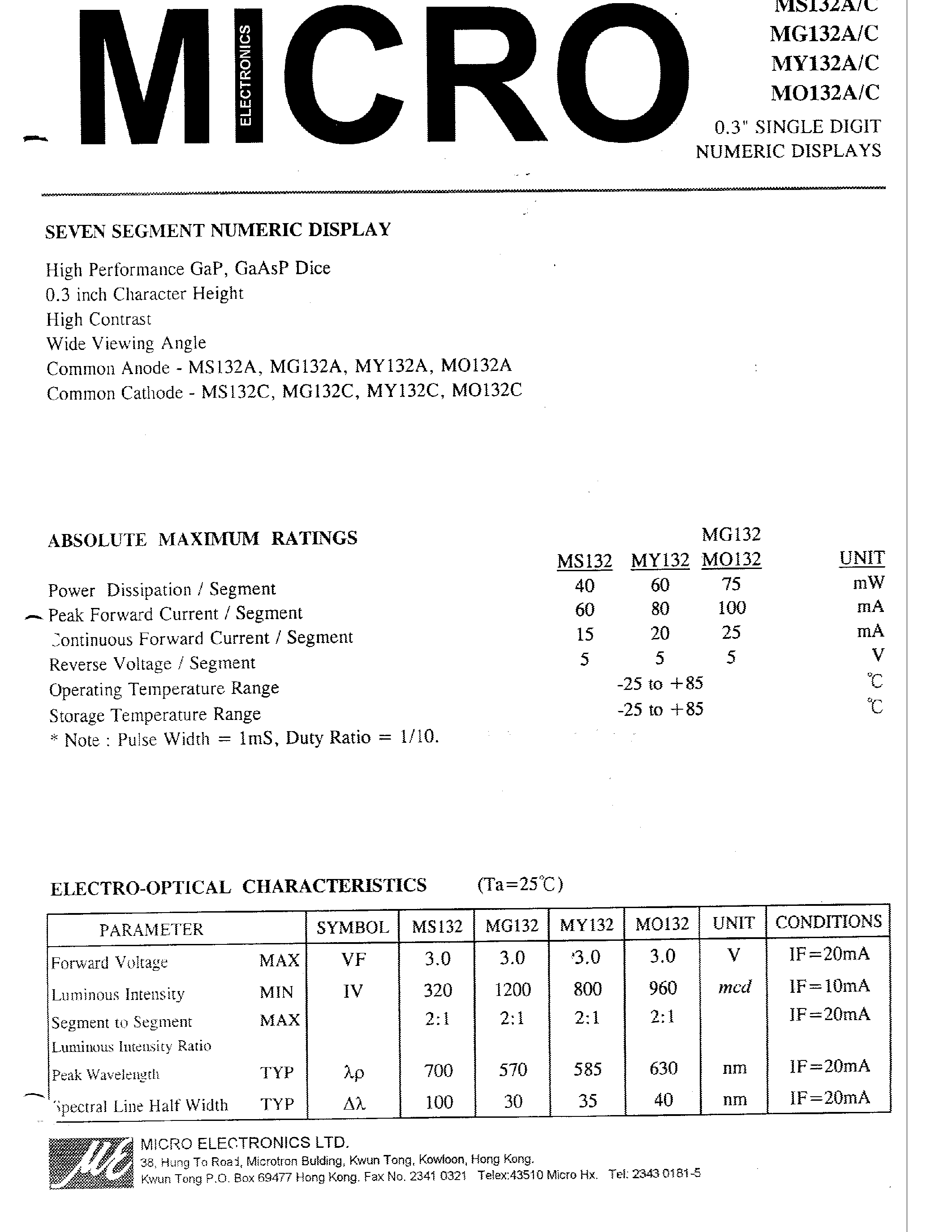 Datasheet MG132A - 0.3 SINGLE DIGIT NUMERIC DISPLAYS page 1