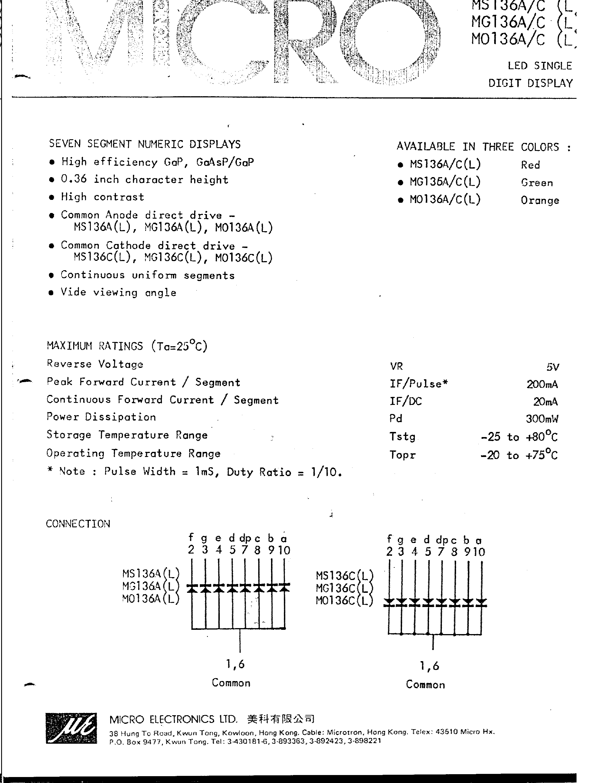 Datasheet MG136-C - LED SINGLE DIGIT DISPLAY page 1