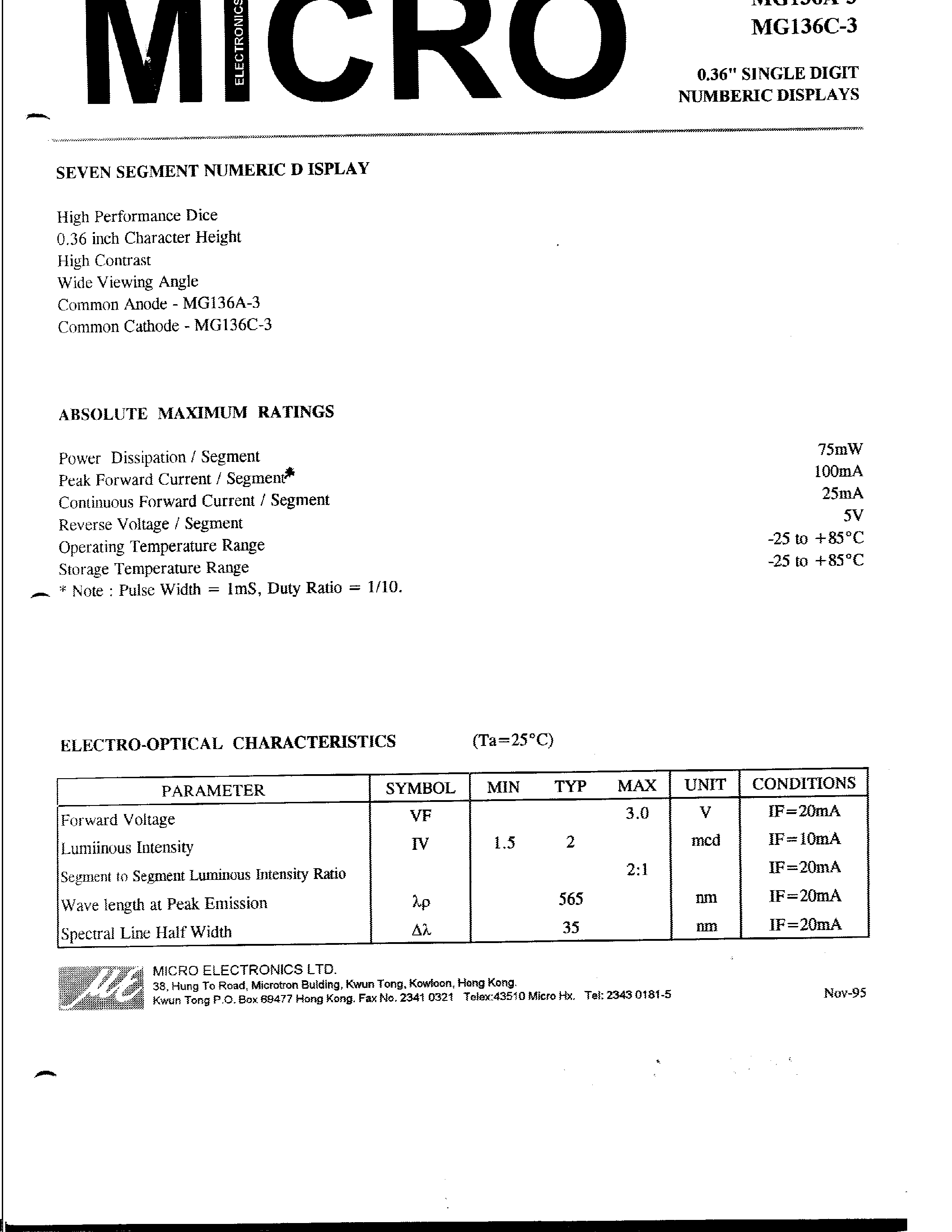 Datasheet MG136A-3 page 1 Datasheet MG136A-3 - 0.36 SINGLE DIGIT NUMBERIC DISPLAYS page 1