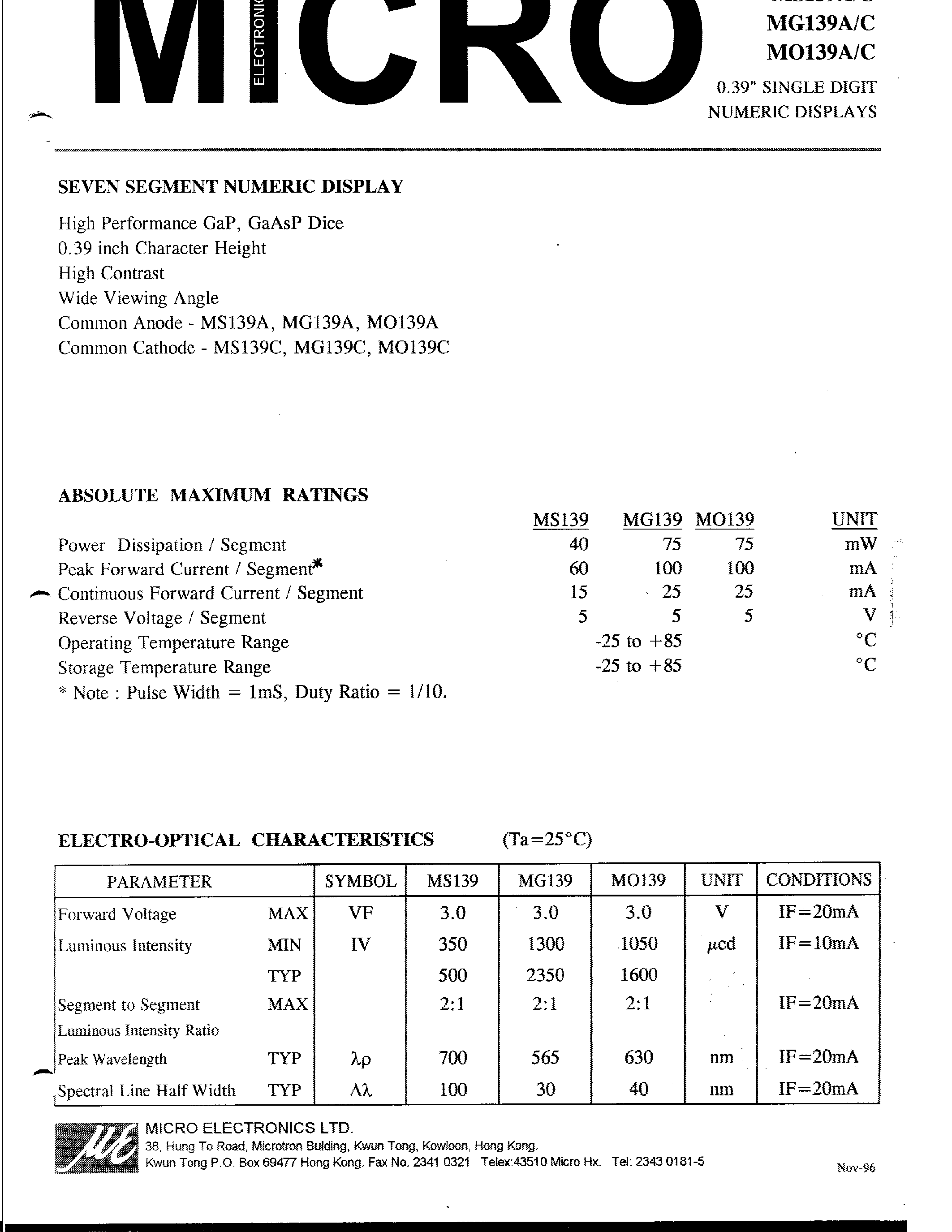 Datasheet MG139A - 0.39 SINGLE DIGIT NUMERIC DISPLAYS page 1