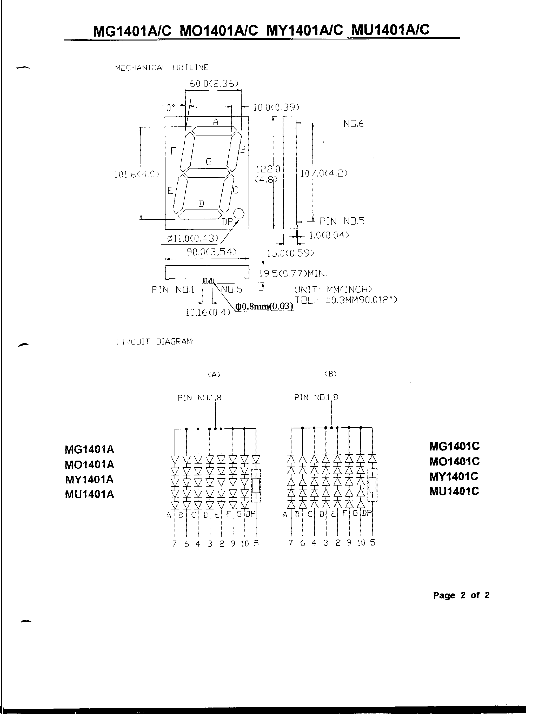 Datasheet MG1401A - 4.0 SINGLE DIGIT LARGE NUMERIC DISPLAYS page 2