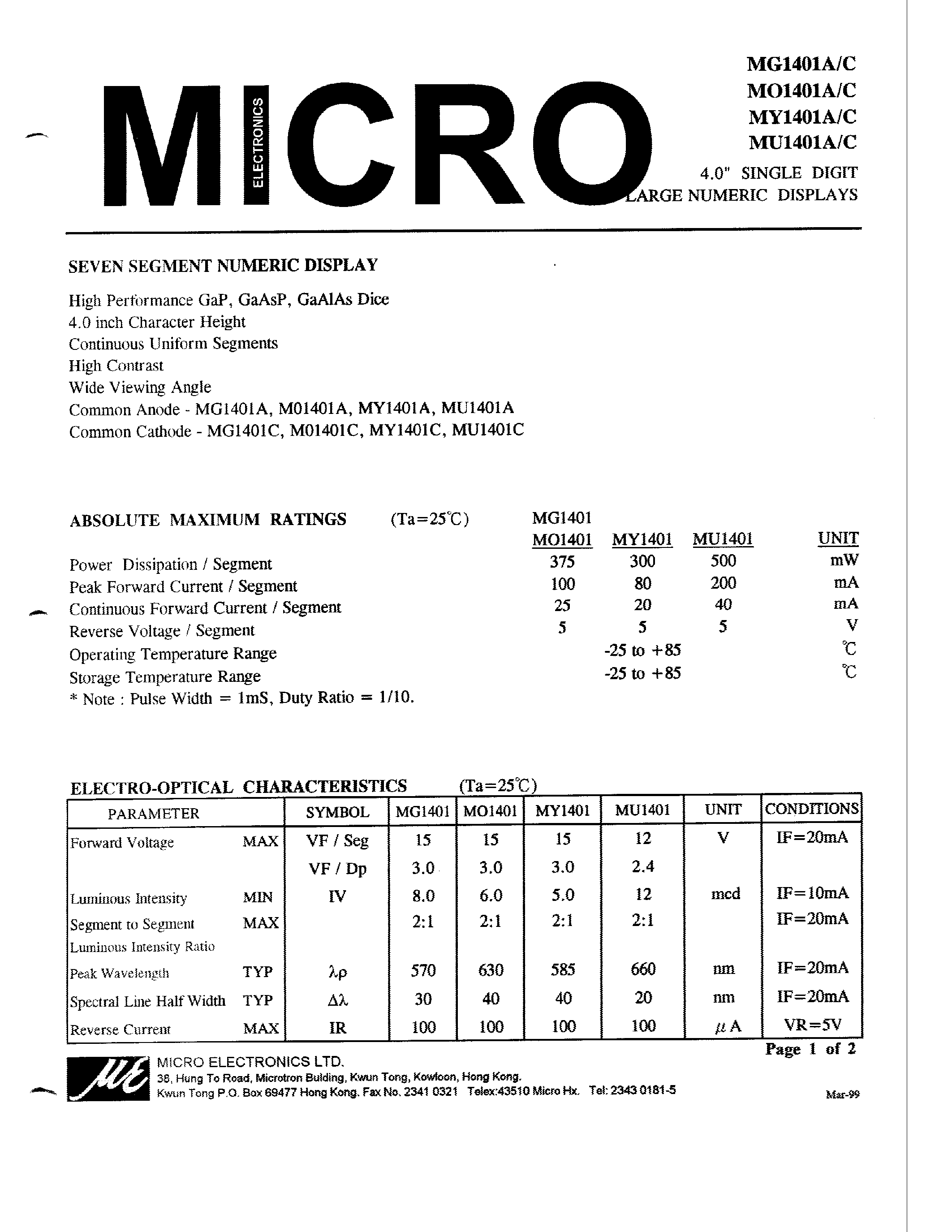 Datasheet MG1401C - 4.0 SINGLE DIGIT LARGE NUMERIC DISPLAYS page 1