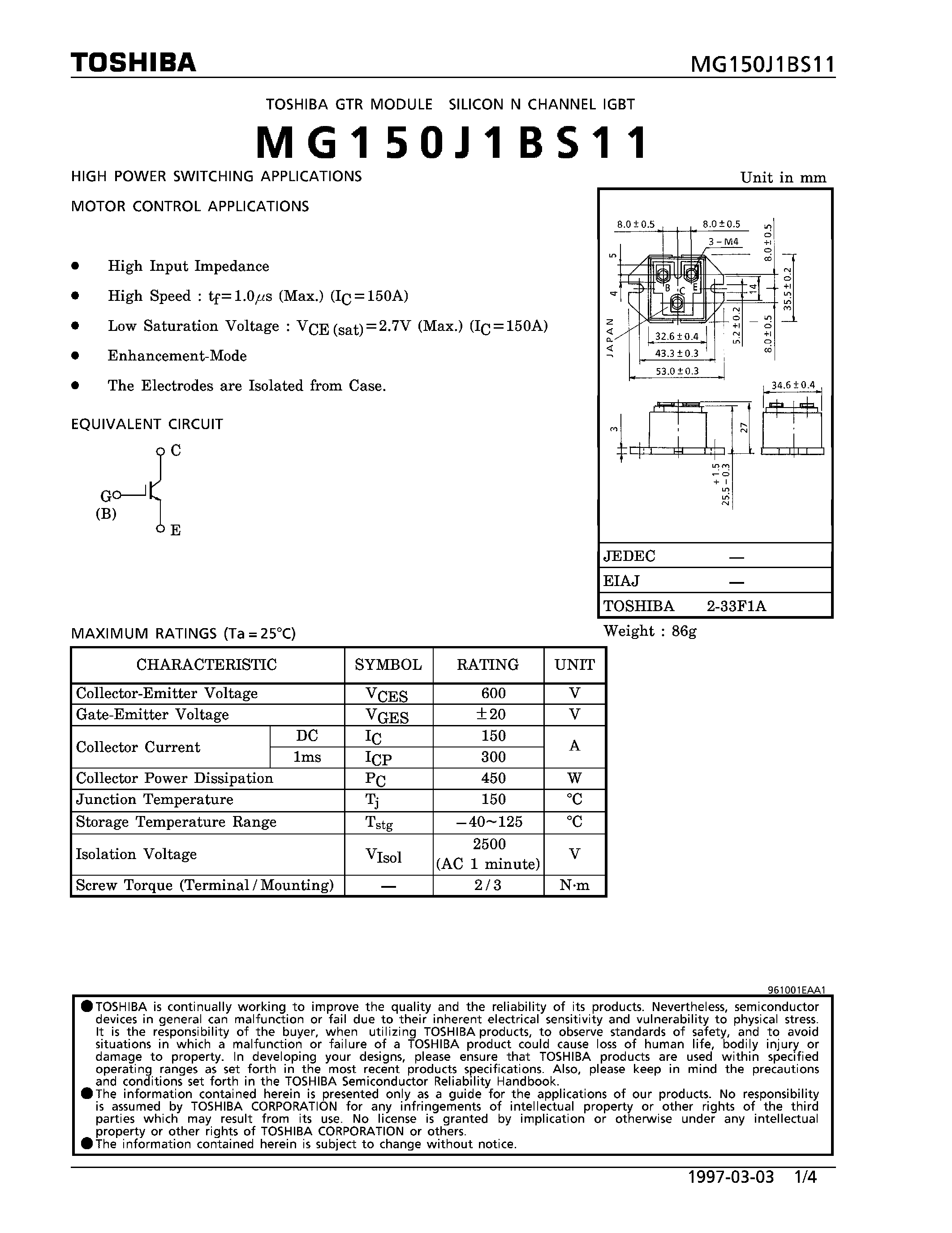 Datasheet MG150J1BS11 - N CHANNEL IGBT (HIGH PWER SWITCHING / MOTOR CONTROL APPLICATIONS) page 1