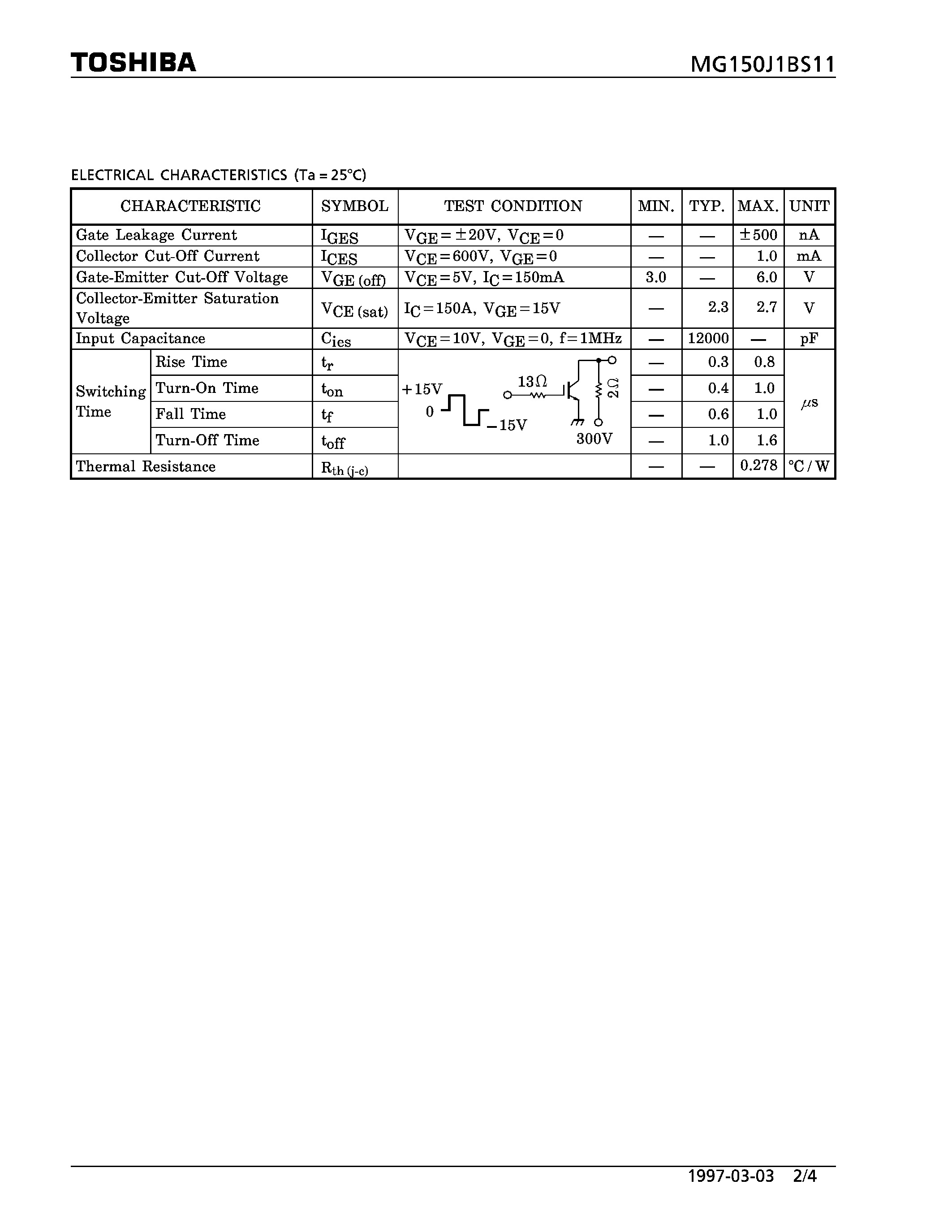 Datasheet MG150J1BS11 - N CHANNEL IGBT (HIGH PWER SWITCHING / MOTOR CONTROL APPLICATIONS) page 2