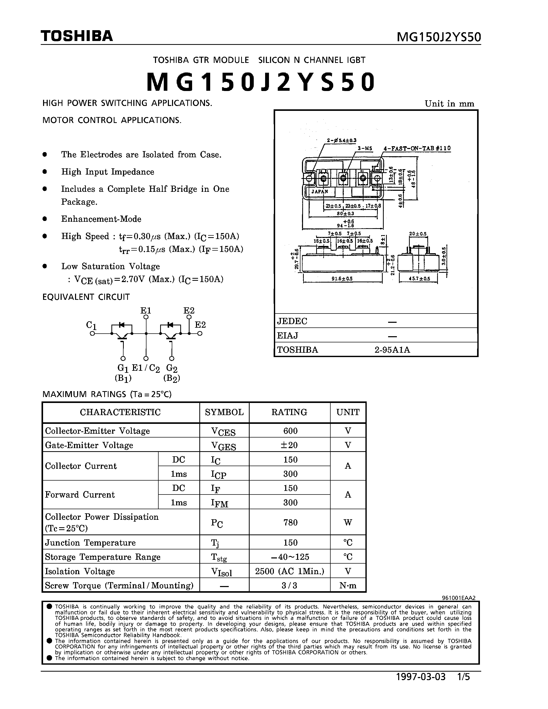 Datasheet MG150J2YS50 - N CHANNEL IGBT (HIGH PWER SWITCHING / MOTOR CONTROL APPLICATIONS) page 1