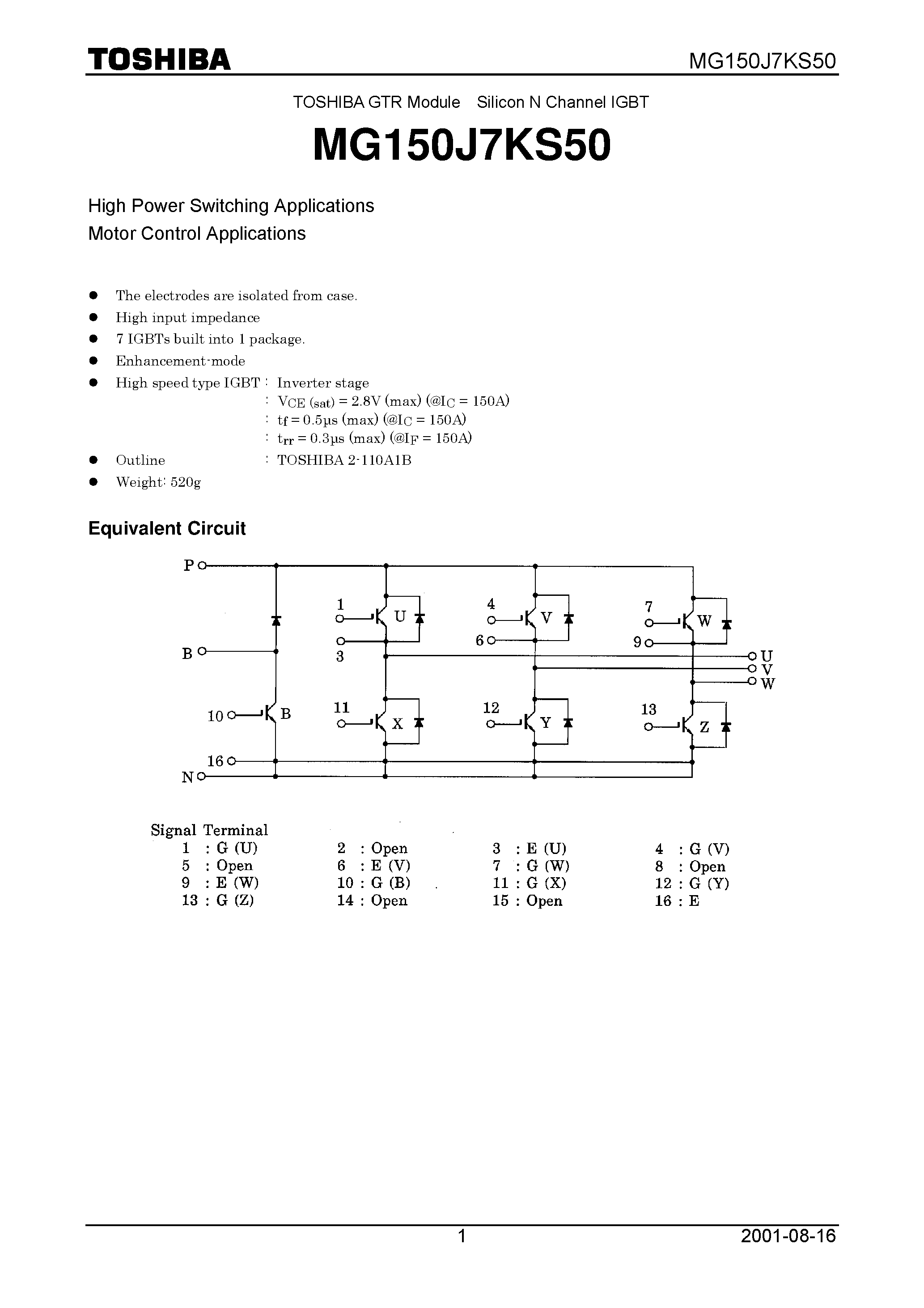 Datasheet MG150J7KS50 - TOSHIBA GTR Module Silicon N Channel IGBT page 1