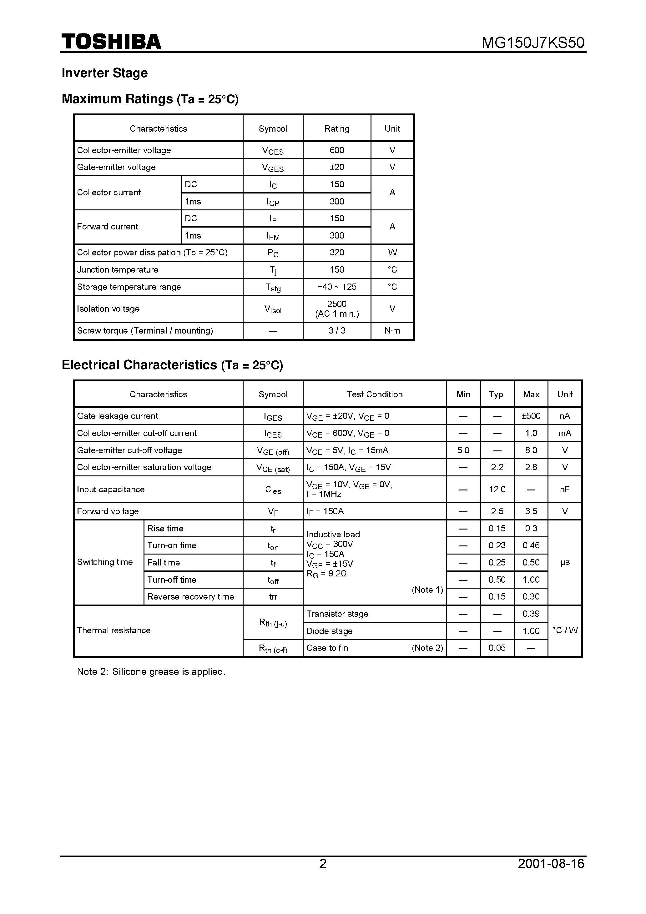 Datasheet MG150J7KS50 - TOSHIBA GTR Module Silicon N Channel IGBT page 2