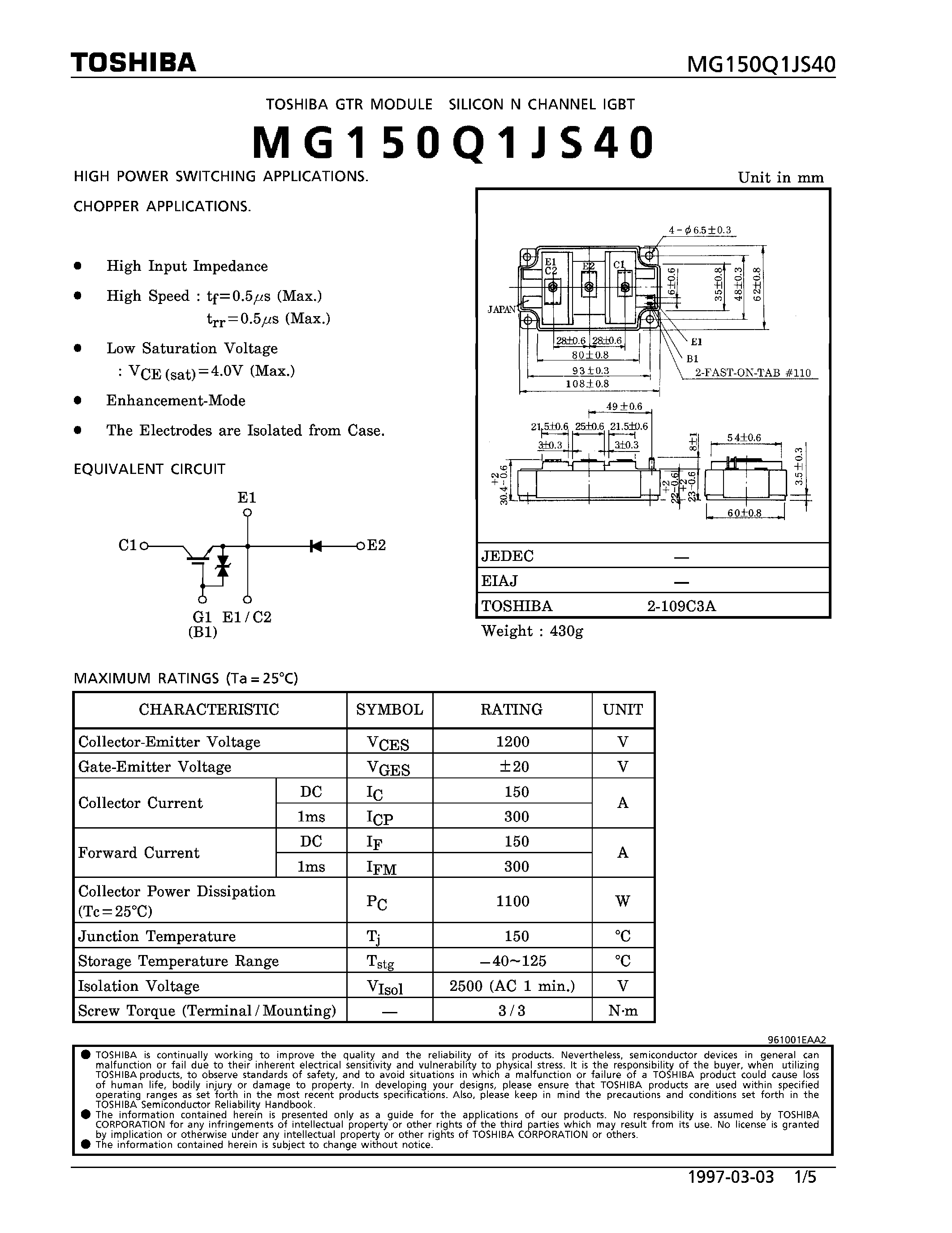 Datasheet MG150Q1JS40 - N CHANNEL IGBT (HIGH POWER SWITCHING / CHOPPER APPLICATIONS) page 1