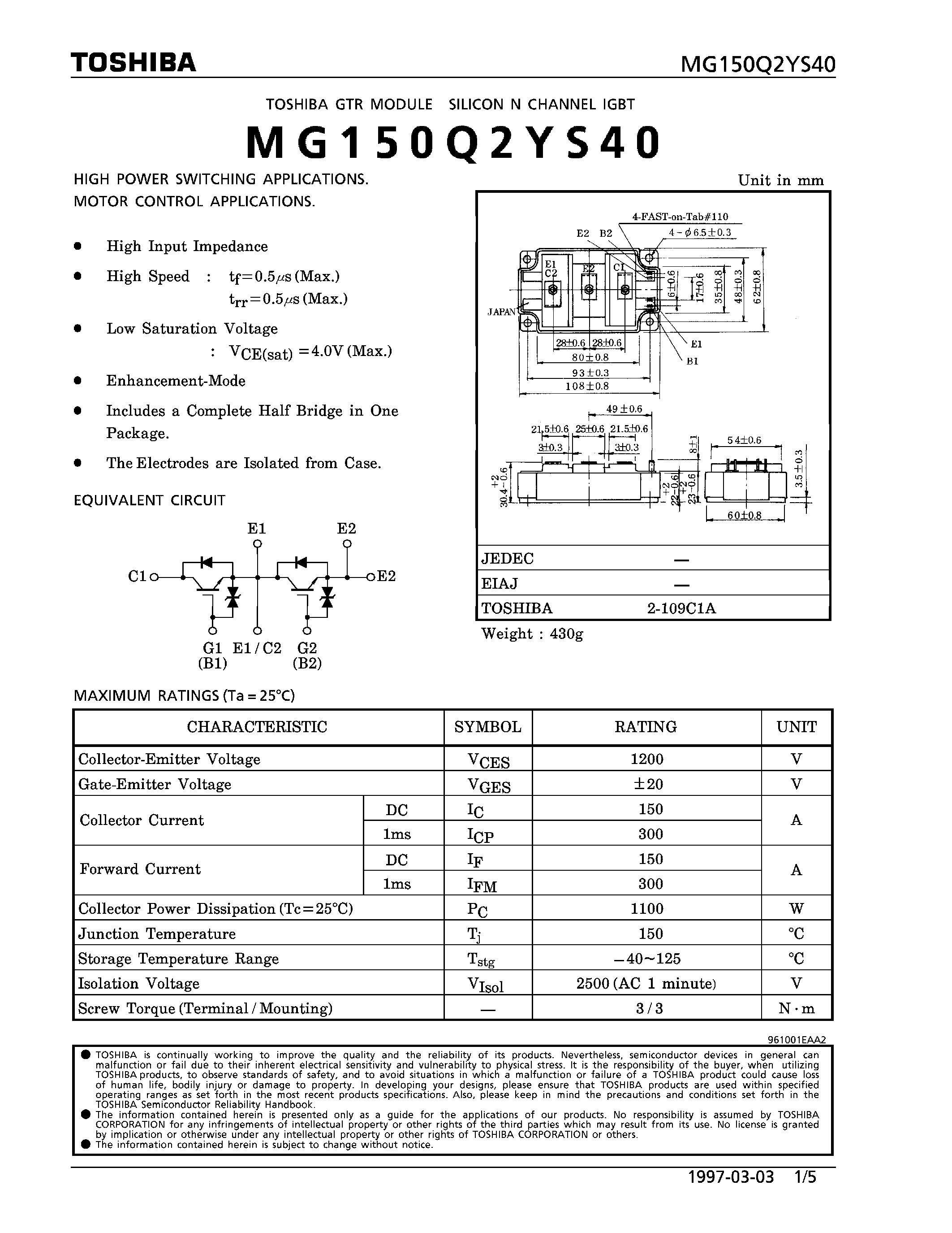 Datasheet MG150Q2YS40 - N CHANNEL IGBT (HIGH POWER SWITCHING / MOTOR CONTROL APPLICATIONS) page 1